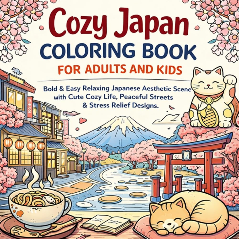 Cozy Japan Coloring Book for Adults and Kids: Bold & Easy Relaxing Japanese Aesthetic Scenes with Cute Cozy Life, Peaceful Streets & Stress Relief Designs