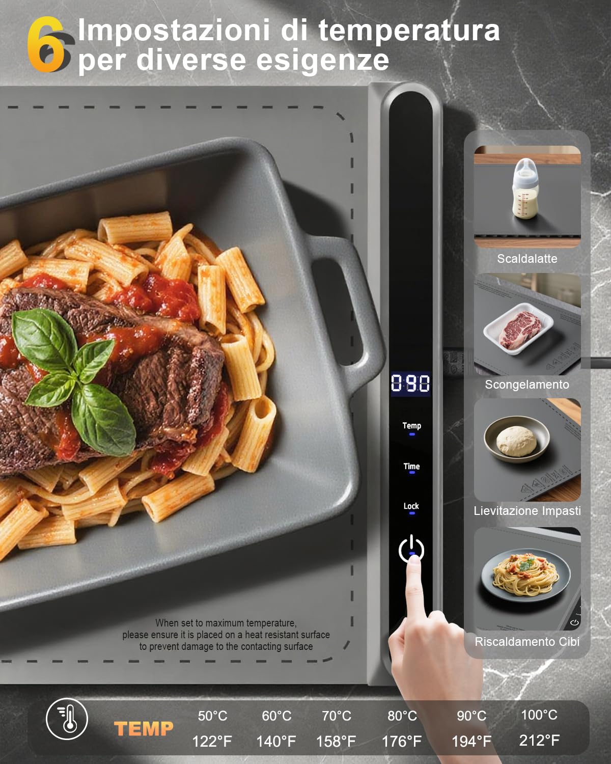 AUTOPkio Tappetino Scaldavivande, Vassoio Riscaldante Elettrico Pieghevole con 6 Temperatura, 9 Timer Auto Blocco Bambini, per Riscalda il Cibo Feste Banchetto Cene Scongelare