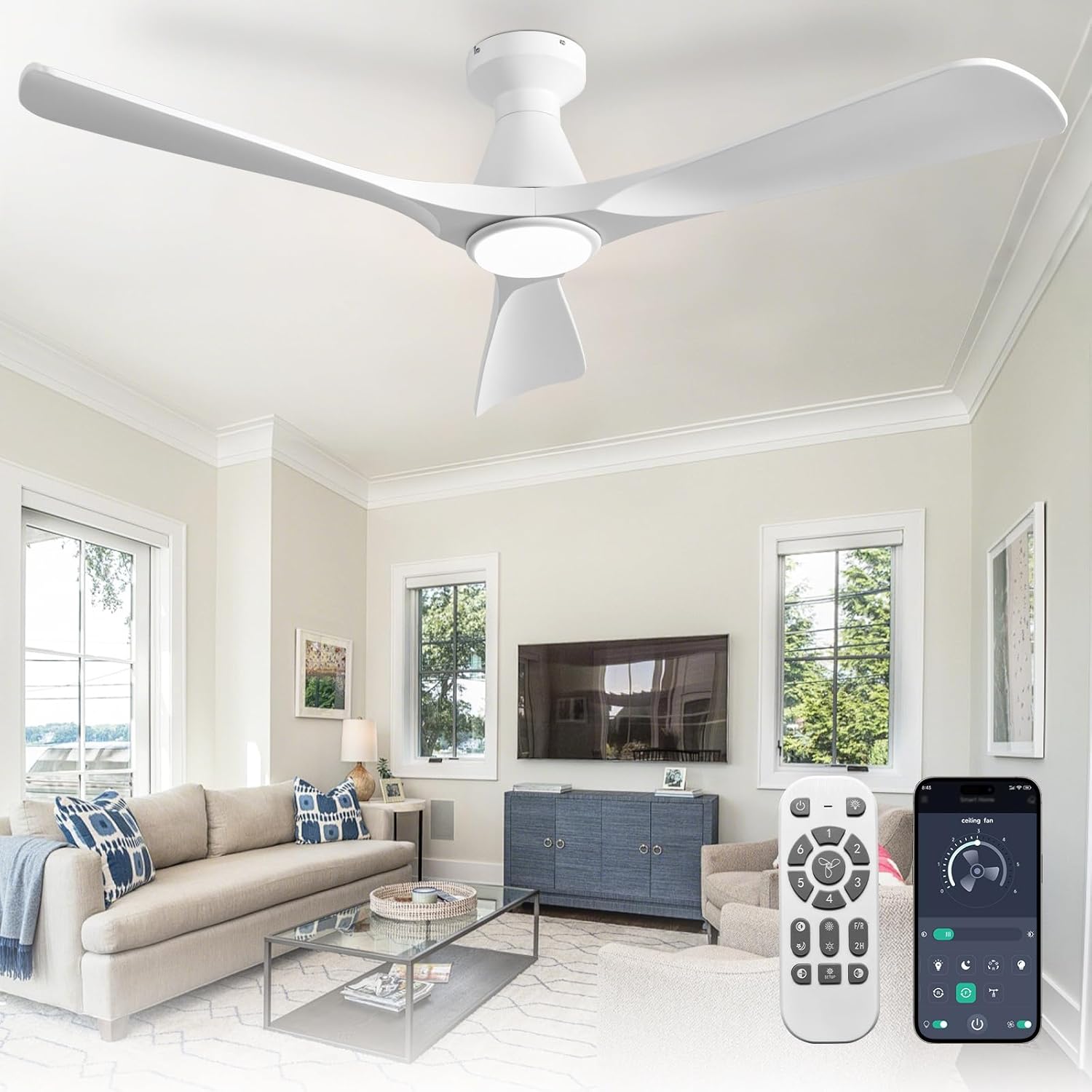 Depuley 52-Inch Ceiling Fans with Lights: White 3 Blade Flush Mount Low Profile Ceiling Fan for Bedroom - Dimmable Indoor Outdoor Fan with Remote APP Control Ultra Quiet DC Motor Timer White 52 Inch