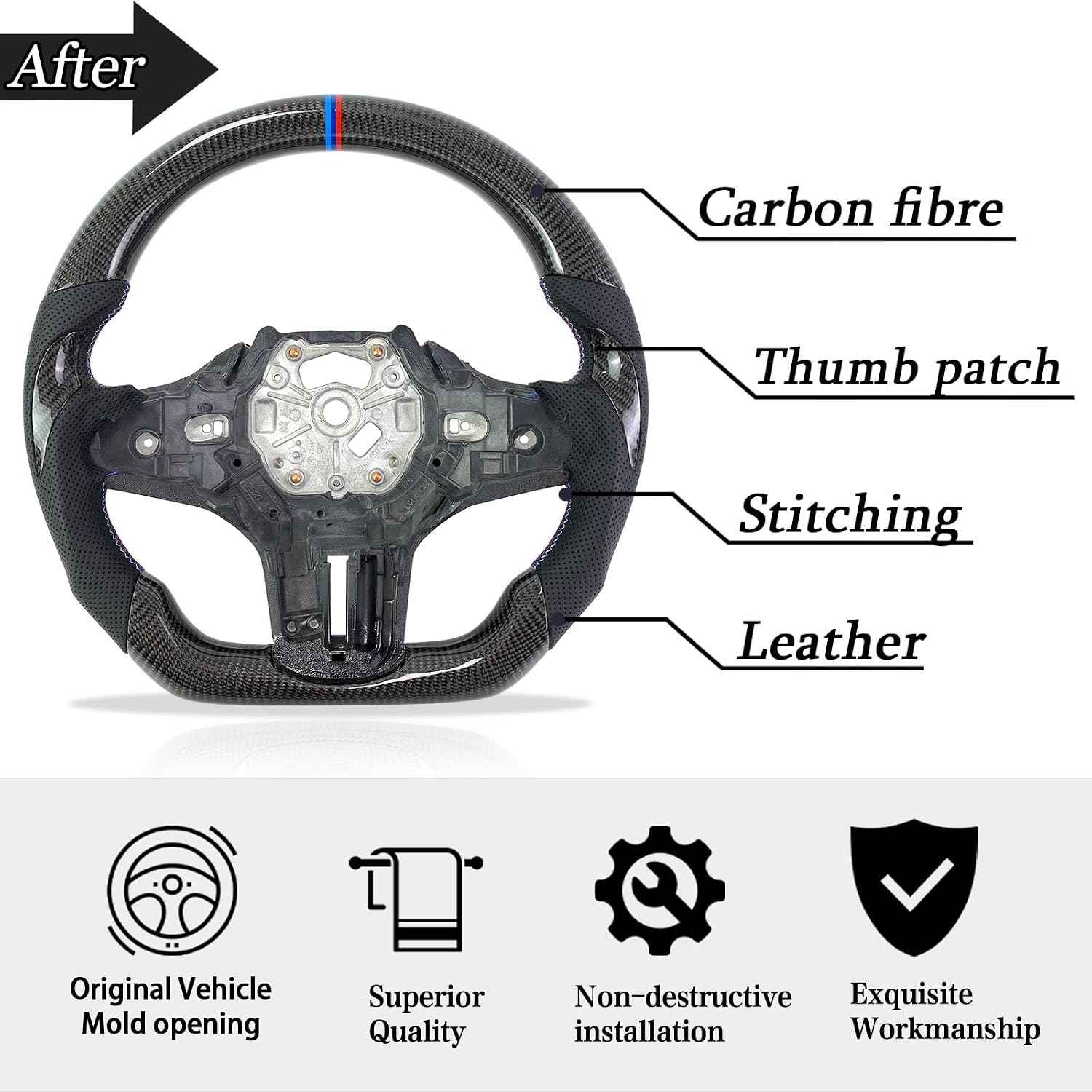Car steering wheel carbon fiber For BMW G20 M340i G80 M3 G82 M4 G21 G22 G23 G26 M2 G87 G42 M240i M440i 3 4 series steering wheel carbon fiber (M stripes/without heating)