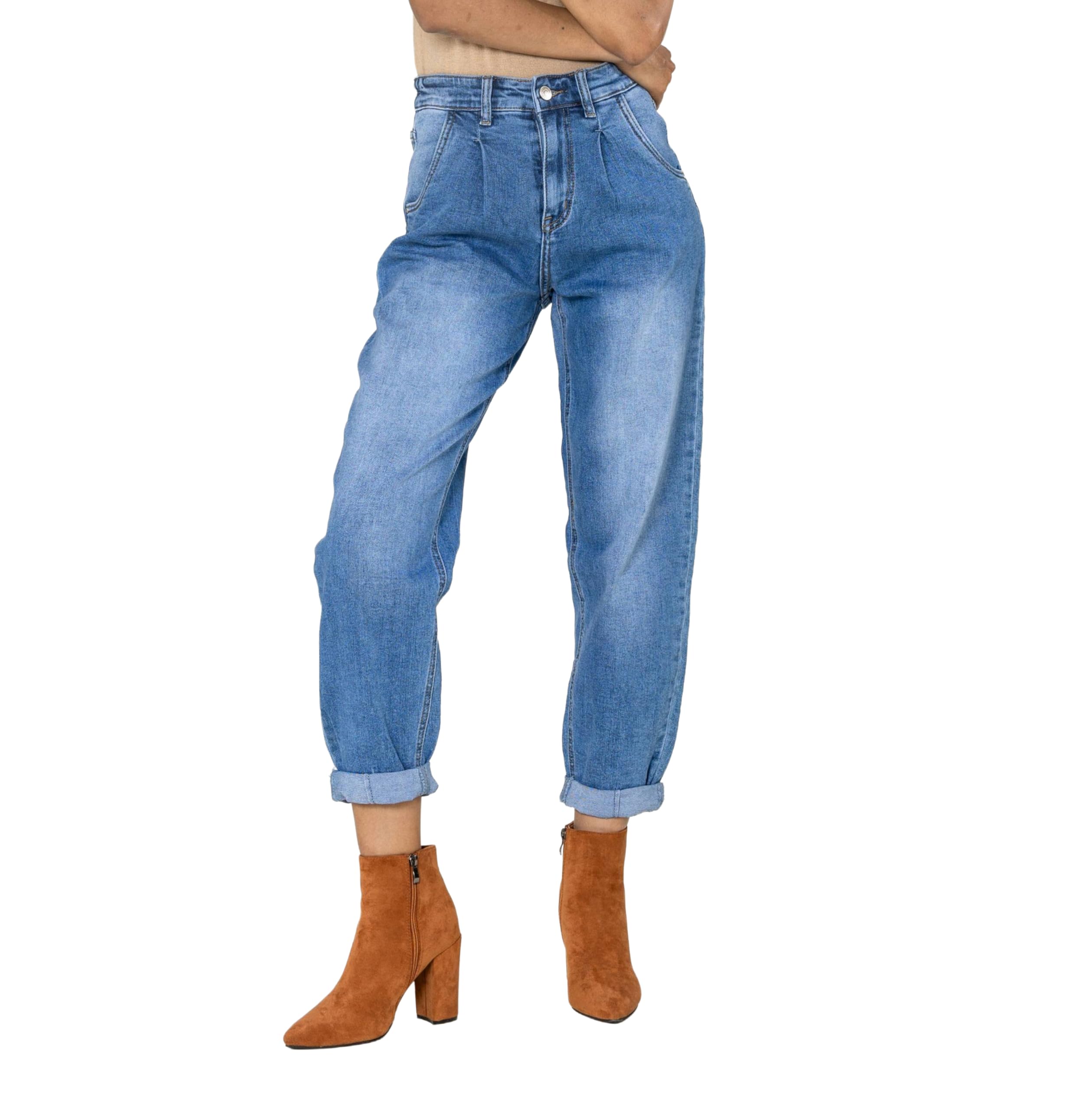 Nina Carter YY303 Pantalones vaqueros holgados de cintura alta para mujer, informales, de corte ancho, elásticos, aspecto desgastado