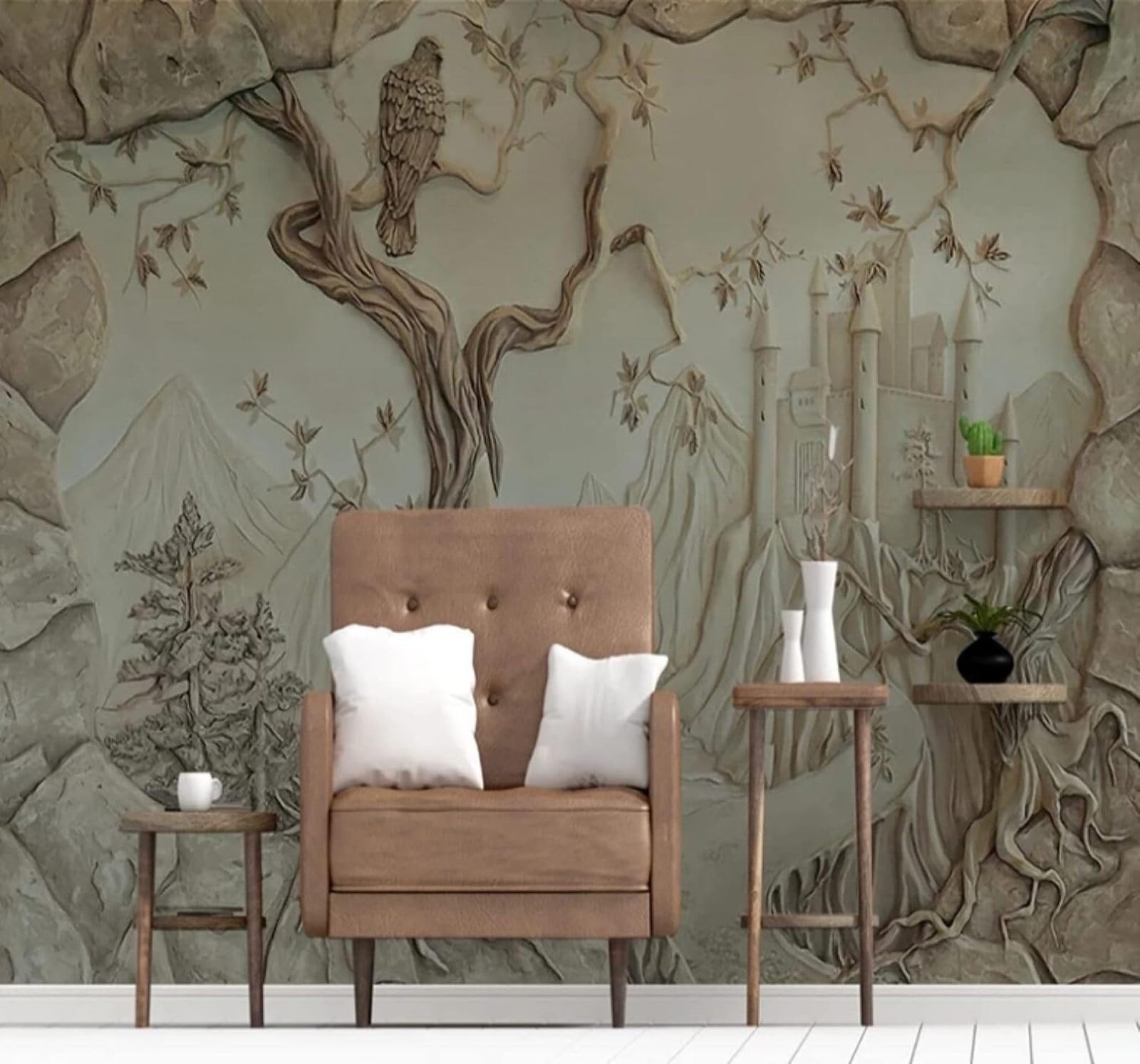 Wallpaper-3D-Xlm 300Cm×210Cm(B×H) Relief Castle Large Tree Mountain Peak Landscape 3D Wallpaper Easy Install Feature Office Living Room Sofa Bedroom Tv Background Wall Decoration-300Cm×210Cm