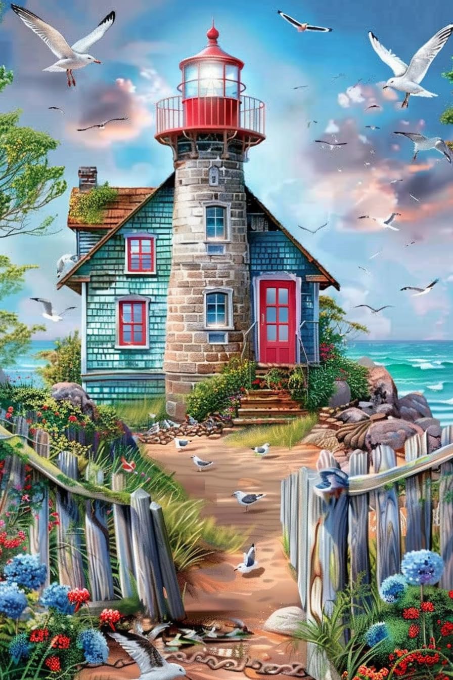 Movstrb Lighthouse Diamond Painting Kits Round Full Drill 5D,Lighthouse DIY Paint with Diamonds Art Crystal Rhinestone Cross Stitch for Home Office Wall Crafts Decorations 18x25 Inch