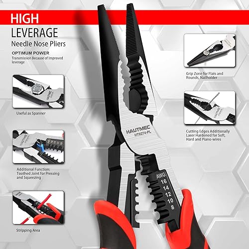 Miniatura 2 de HAUTMEC Alicates de punta de aguja de 9 "Alicates de combinación de alto apalancamiento 4 en 1 alicates multifuncionales de punta larga resistentes