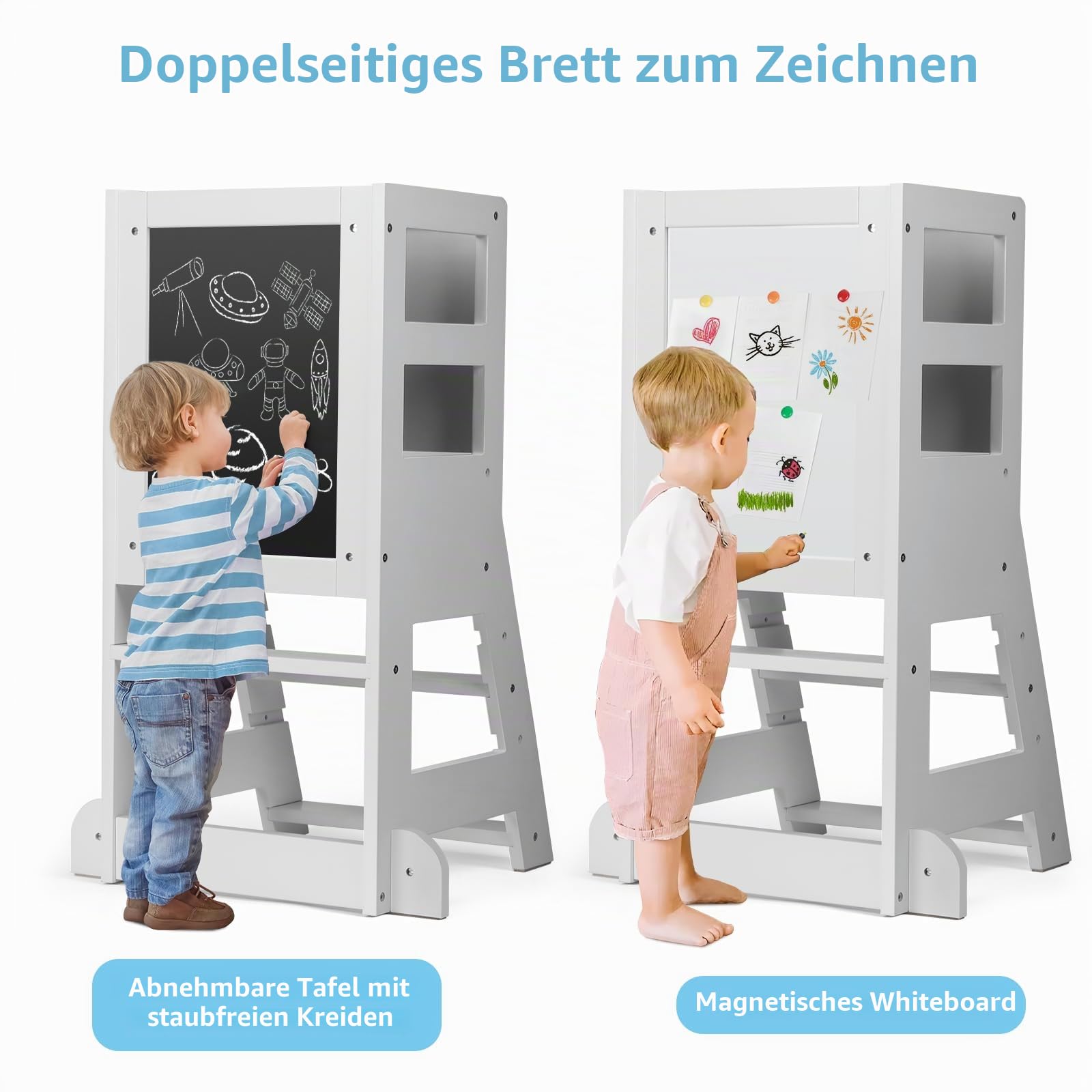 KIDINIX Lernturm mit 3 verstellbaren Höhen, Learning Tower mit magnetischem Whiteboard und Abnehmbarer Kreidetafel, Höhenverstellbar, Montessori-Lernstuhl für Küche und Bad, Kippsicher, Weiß