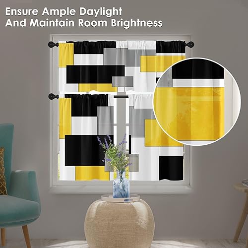 Miniatura 6 de Cortinas Amarillas de Ventana de Cocina Juego de Cenefas y Niveles, Negro Gris Blanco Moderno con Bolsillo para Cortinero, Cortinas de Estilo