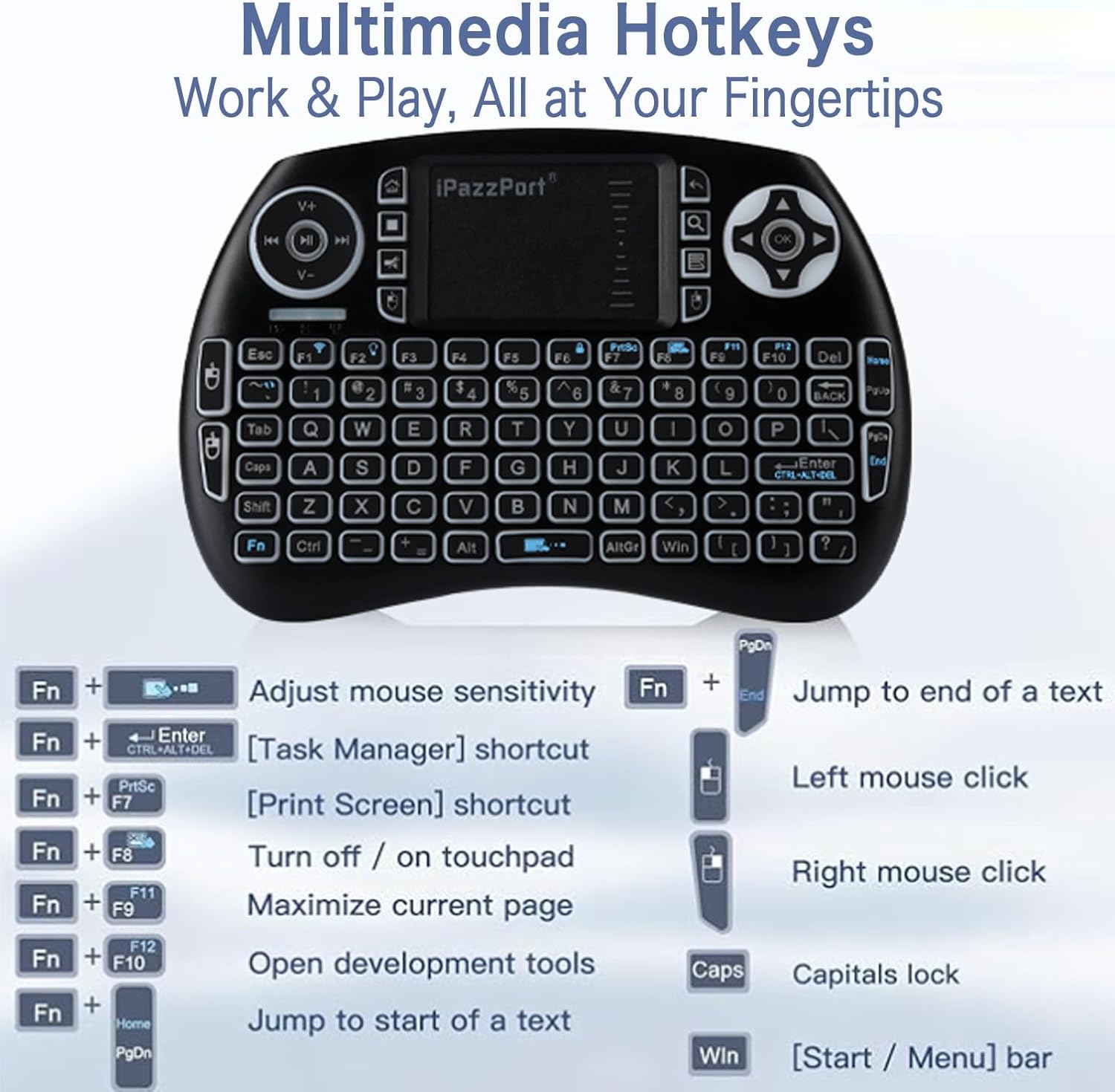 iPazzPort Mini Bluetooth & 2.4GHz Wireless Keyboard with Touchpad Mouse, 3-Color Backlit Portable, Rechargeable, for Smart TV/Fire TV/Android TV Box/PC/Mac/Raspberry Pi