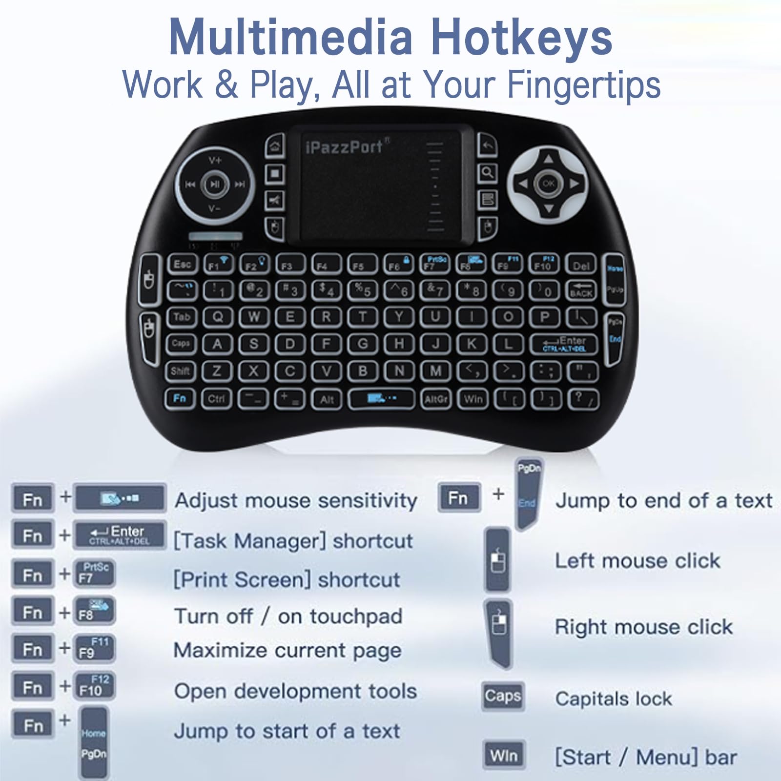 Mini Bluetooth e tastiera wireless a doppia modalità da 2,4 GHz con touchpad. | Retroilluminato a 3 colori, batteria al litio ricaricabile, portatile palmare, tasti di scelta rapida multimediali