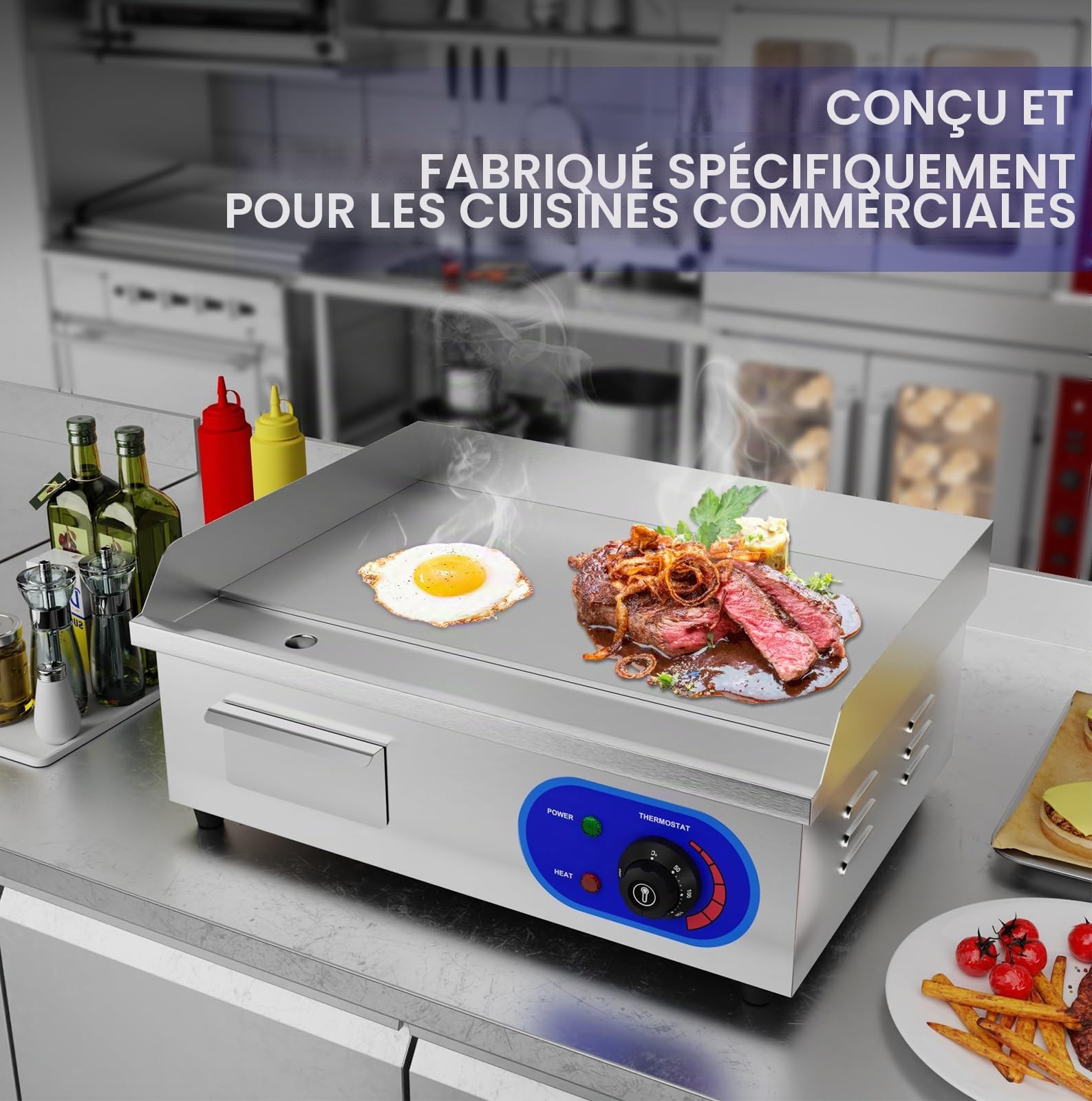 TAIMIKO Plancha Électrique Professionnelle en acier inoxydable Commercial Plaque de Gril en Fer 3000W 220-240V Lisse