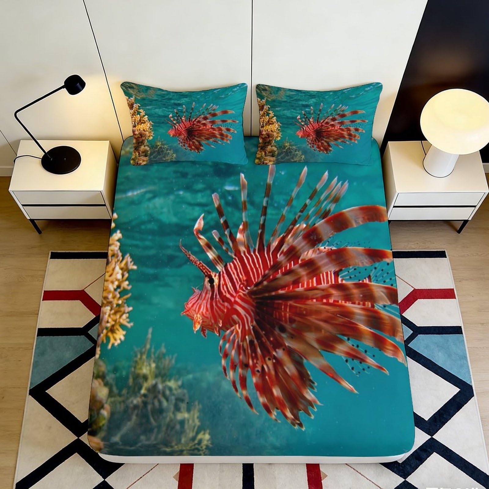 Jwndfkpvxzgl Style-4 3D Printed Lionfish Marine Fitted Sheet Microfiber Soft Breathable Ocean Coral Mattress Cover Bedroom Decor 90X200x25cm