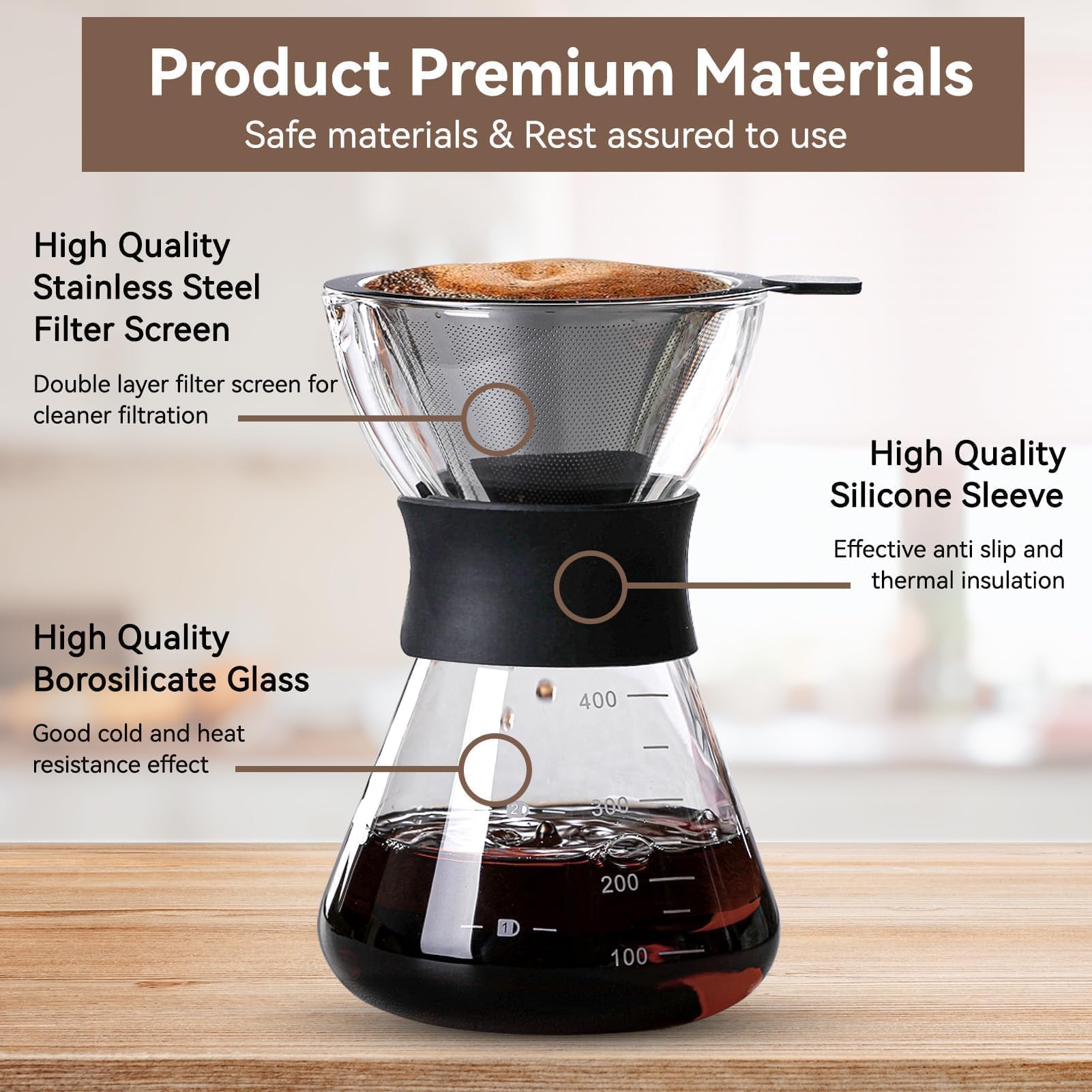 HERCHR Caffettiera in Vetro Con Filtro Permanente in Acciaio Inox, Caraffa in Vetro Borosilicato, Macchina Da Caffè a Goccia Manuale, 400ml Caffettiera Americana in Vetro per Caffè Casa Ufficio