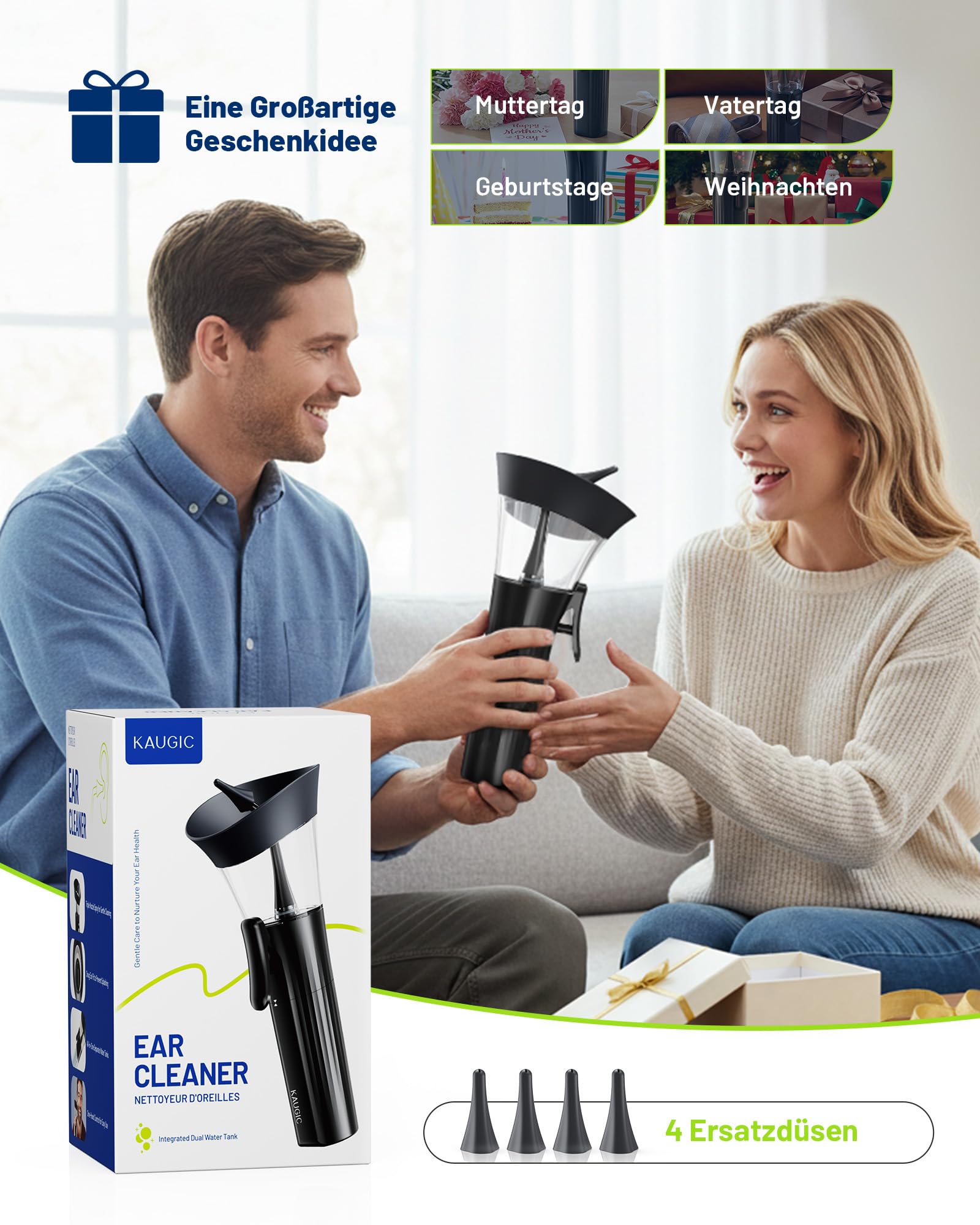 KAUGIC Manuelles Ohrenschmalz-Entfernungsset, 2-in-1-Wassertank Ohrreiniger – Ergonomischer Kraftsparender Knopf, Einhandbedienung, Schwarz