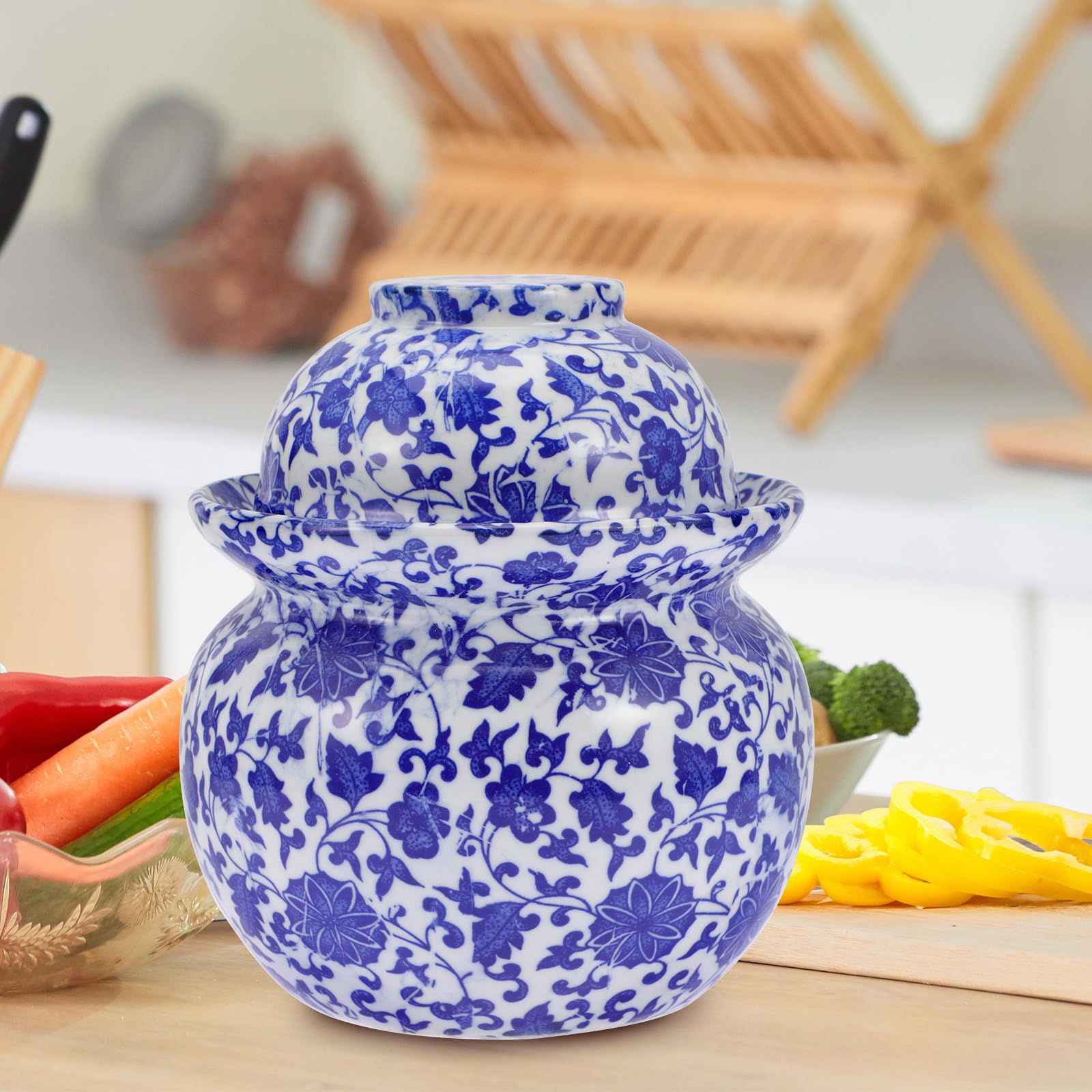 Contenitore Alimentare in Ceramica Coperchio Ermetico Doppio, Vaso Compatto per Sottaceti Tradizionale, per Conservazione Cibo in Cucina