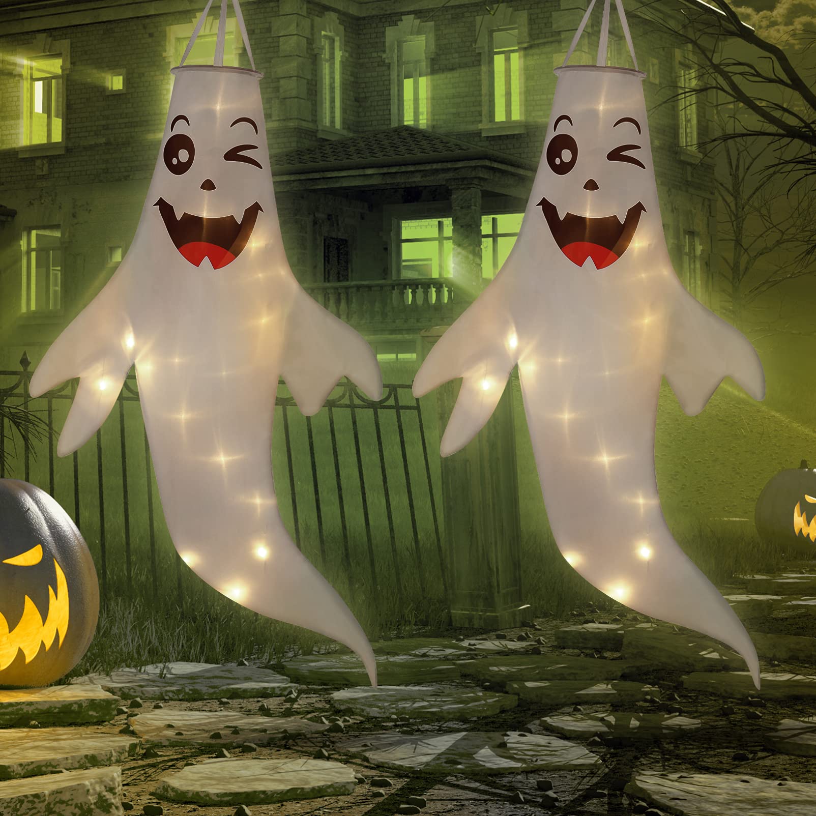Halloween Geist Windsack 105x35cm | Mit LED Lichterkette | Outdoor Deko
