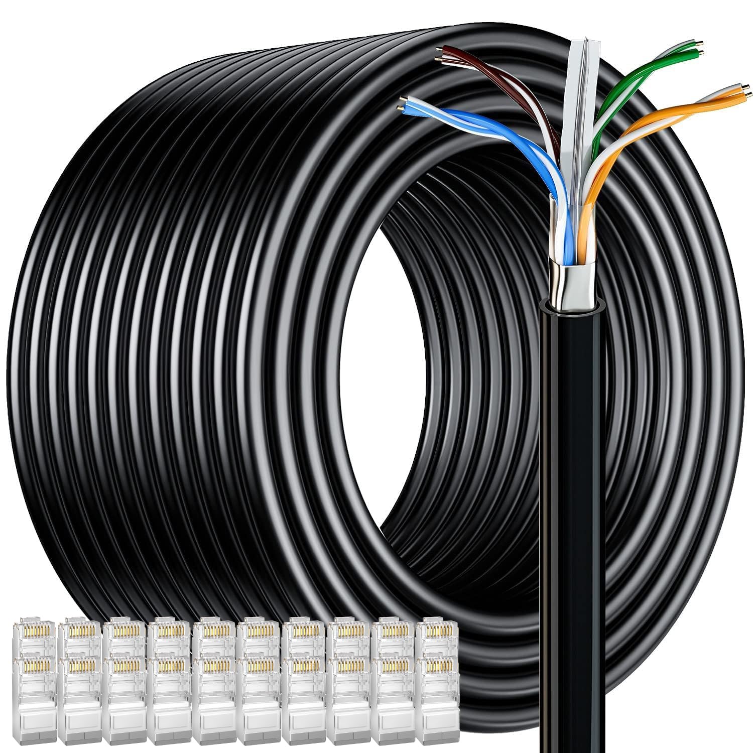 MEIPEK Câble Ethernet d'extérieur Cat 6-100 m - 20 RJ45 - Câble Ethernet blindé FTP Cat 6 en vrac, très résistant 23 AWG, résistant aux intempéries, aux UV, à enfouissement direct, câble LAN Cat6