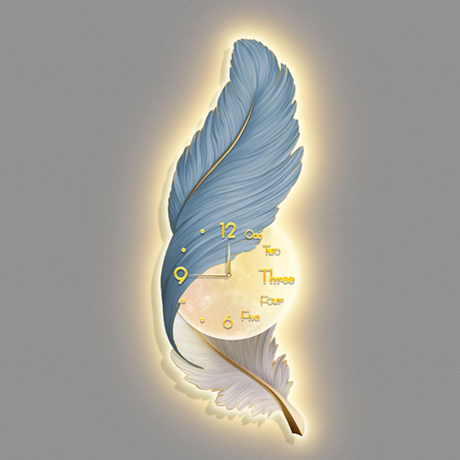 LMYSXAOZ Feather Wall Clock Decor with LED Light, Luxury Art Sculpture, Elegant Sconce for Living Dining Room Bedroom Hallway,D,54 * 150cm