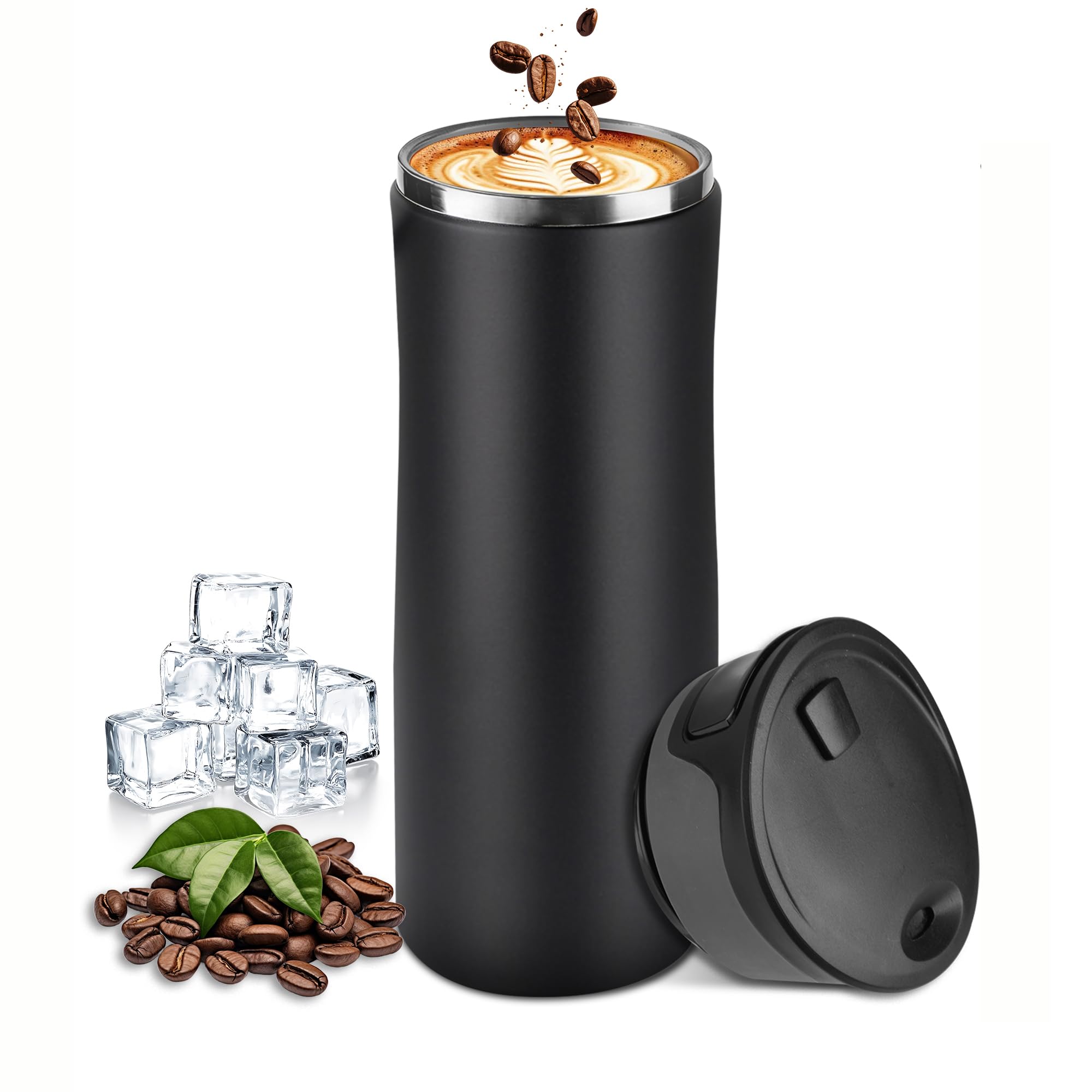 17 oz Leakproof Insulated Travel Coffee Mug with One-Hand Lid | Stainless steel, leakproof one-hand lid, car cupholder fit for office commute travel