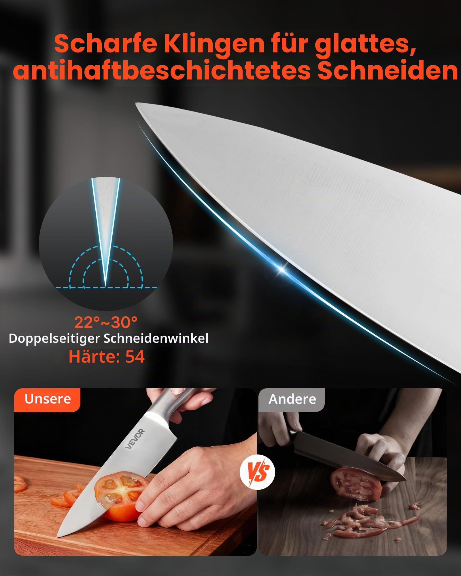 VEVOR Küchenmesserset mit Messerblock (Holz) & Wetzstahl, 15-tlg. Messerset aus scharfen Messern aus hochkohlenstoffhaltigem Edelstahl, Küchenbesteck mit ergonomischem Griff, für Hobbyköche