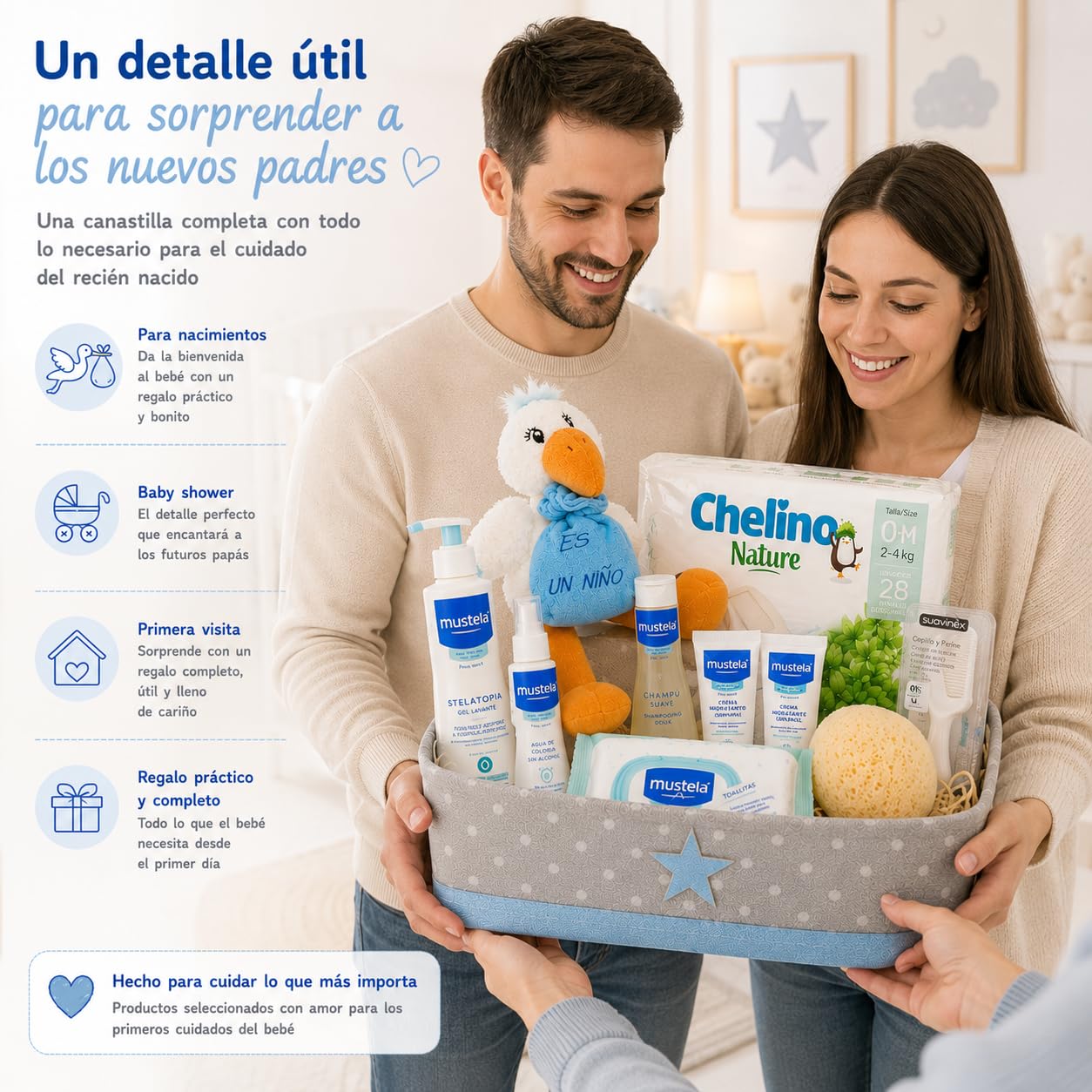 Canastilla Bebé Supreme | Cesta Regalo Recién Nacido | Incluye Caja Multiusos, Peluche Cigüeña, Gel, Champú, Colonia, Crema, Hidratante, Esponja, Cepillo y Peine, Toallitas y Pañales (Azul)