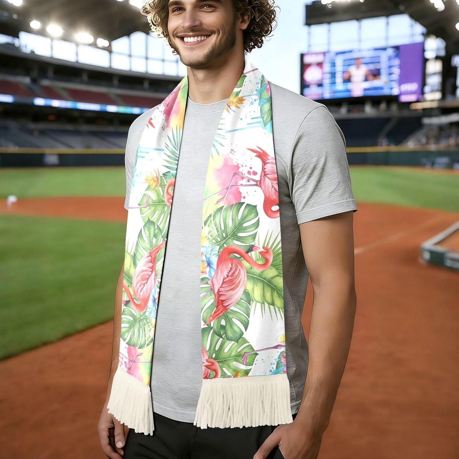 CHIFIGNO Flamingo Tropical Flower White Sports Fan Scarf Towel, Soft Polyester Rally Towel for Soccer Games, Quick Dry Cheering Scarf with Fringe Ends