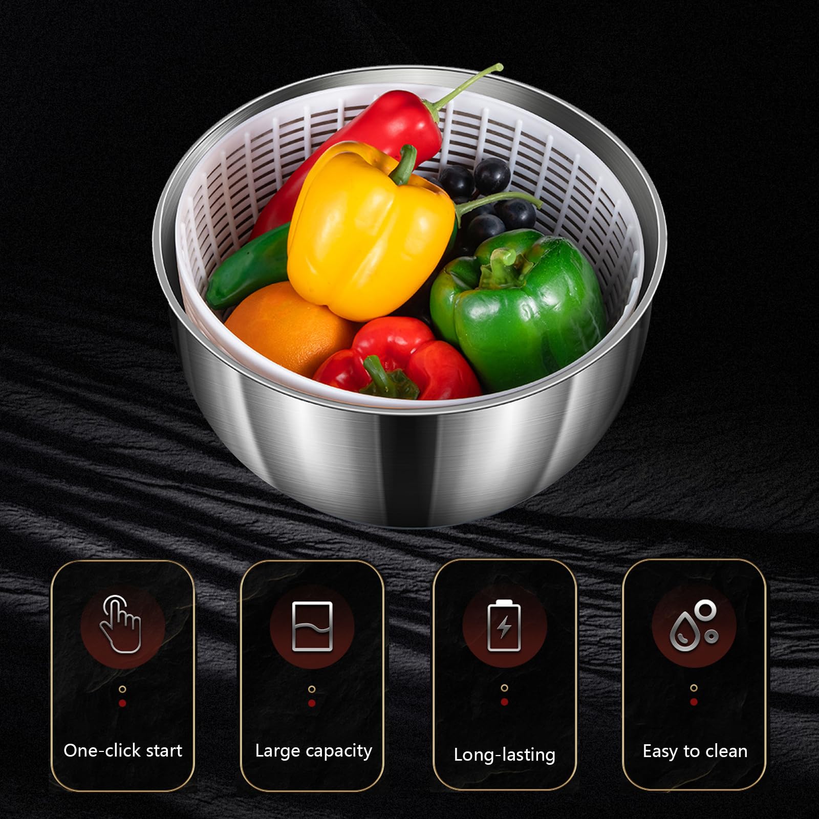 Centrifuga per Insalata, Centrifuga per Lattuga Automatica da 4,8 Litri, Asciuga Insalata Centrifuga di Grande Capacità in Acciaio Inossidabile, Elettrico USB Drenare Rapidamente Lava Insalata per Fru