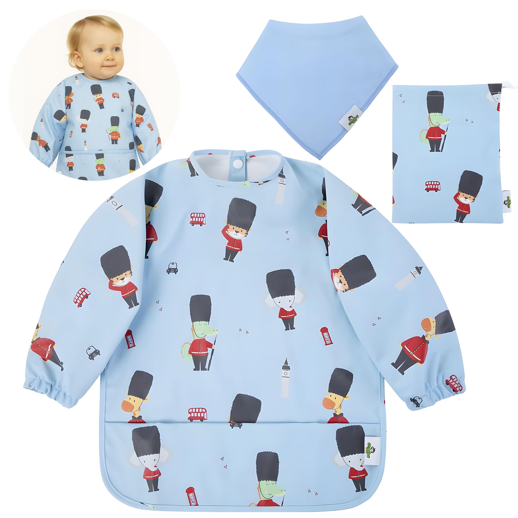 Cheeky Monkey Baby Bibs with Sleeves Waterproof, Blue