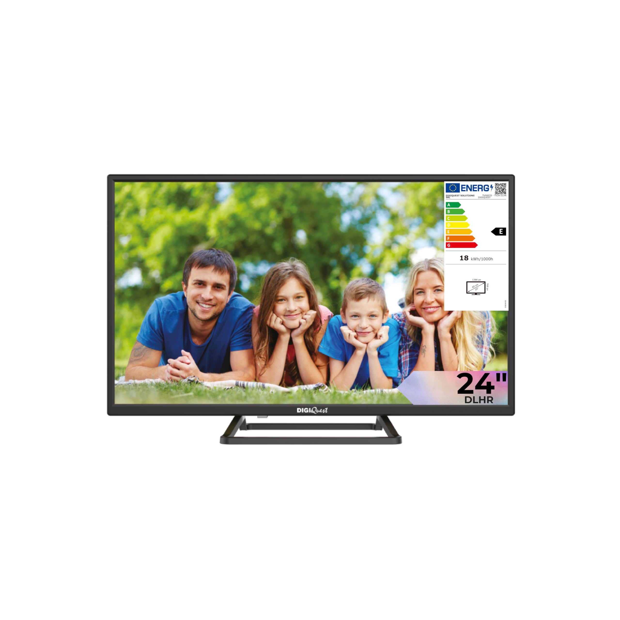DIGIQUEST TV LED 24” DHLR, HD Ready | Certificato Tivùsat | Doppio tuner | Mediaplayer, Funzione CEC, base centrale | Ideale per Camper e Barche [classe di efficienza energetica E]