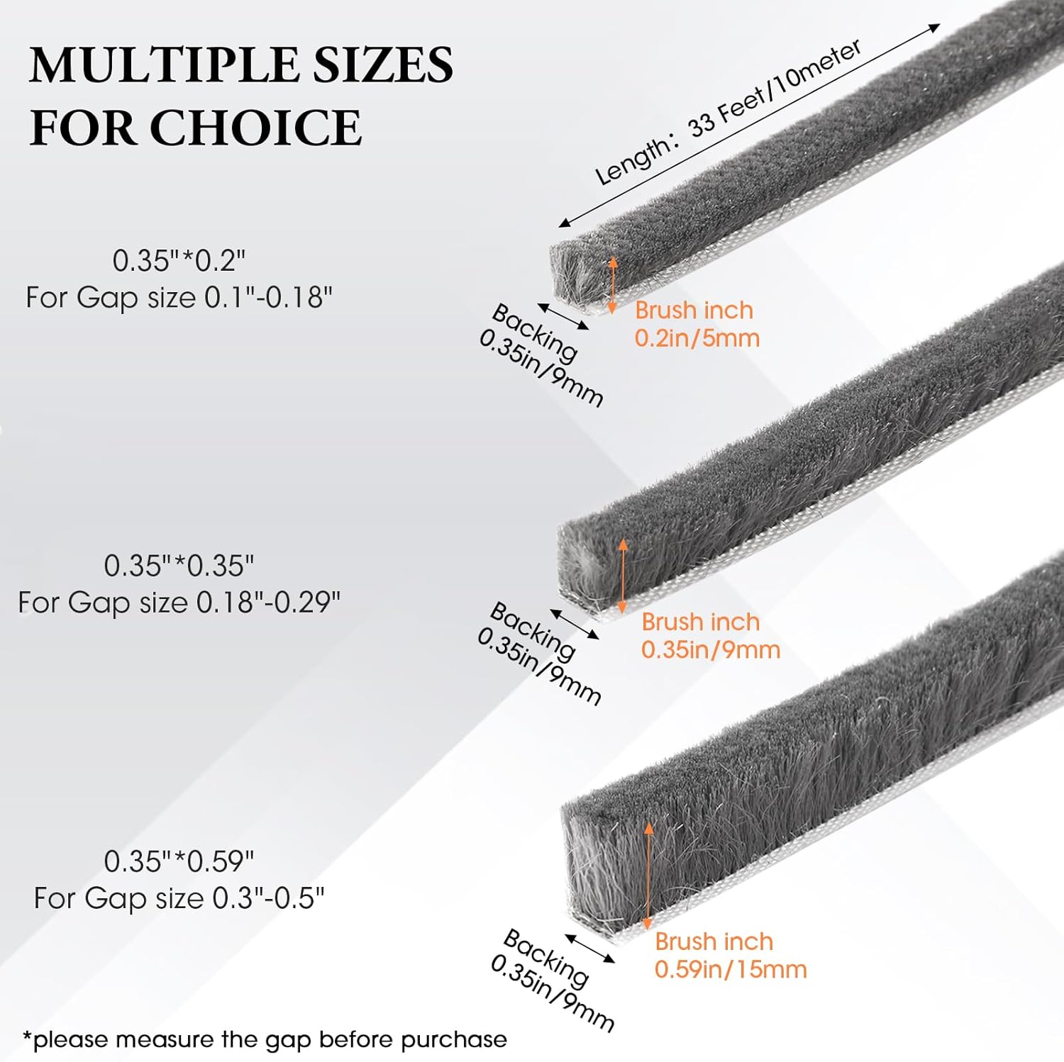Weather Stripping Door Window Seal, 33Ft Self-Adhesive Brush Door Soundproofing Seal Strip for Sliding Windows and Door Frames, 0.35 Wide X 0.35 Inch Thick, Gray