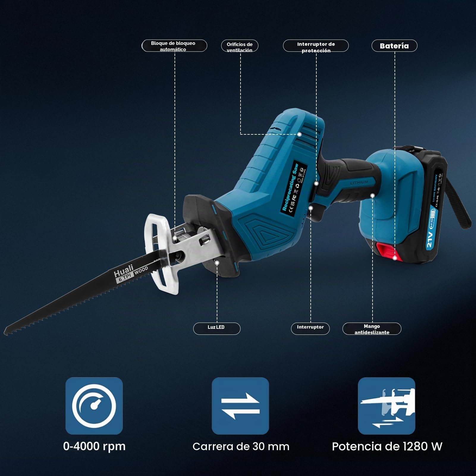 Sierra de sable Dibaful de batería universal de 0-4000 RPM 21V inalámbrica | Sierra recíproca con luz LED y 2 baterías de 2000mAh cargador de carga rápida 8 hojas de sierra para madera, metal, PVC
