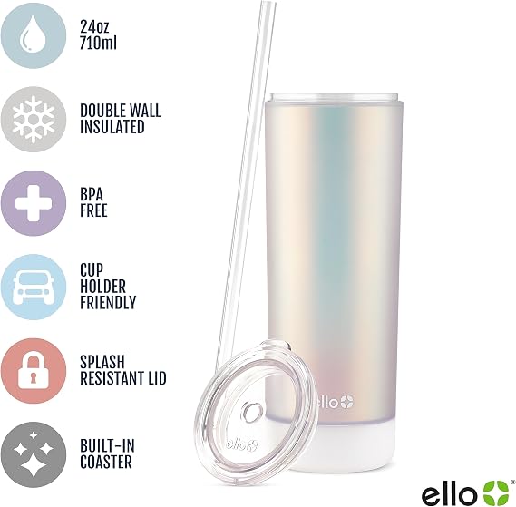 Ello Monterey Double Walled Insulated Plastic Tumbler with Straw and Built-in Coaster, BPA Free, 24oz