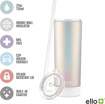 Ello Monterey Double Walled Insulated Plastic Tumbler with Straw and Built-in Coaster, BPA Free, 24oz