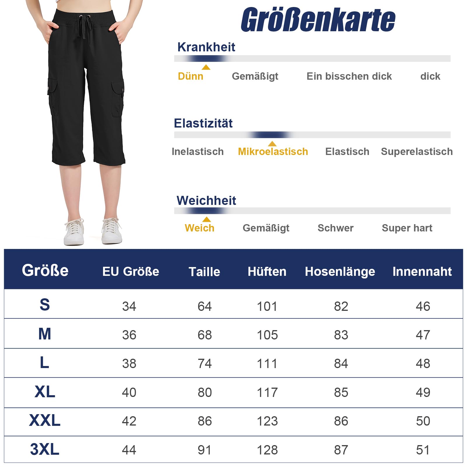 Pantaloni da donna estivi a 3/4 da donna, pantaloni estivi, pantaloni da jogging all'aperto, pantaloni sportivi per viaggi e escursioni, con 6 tasche