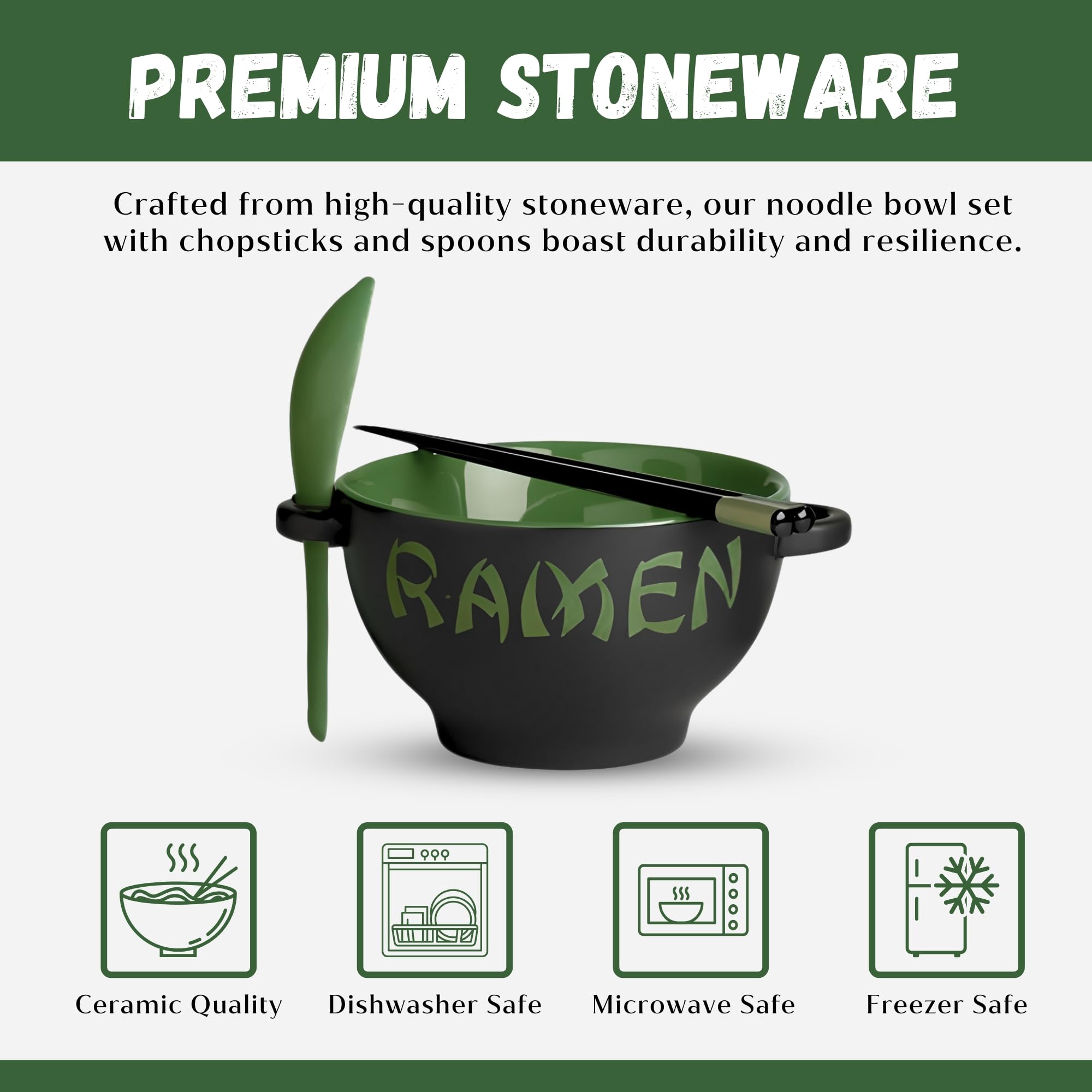 Juego de cuencos para ramen con palillos y cuchara, juego de cuencos de cerámica verde para microondas para ramen, cuenco para fideos ramen, cuencos Pho y juego de platos japoneses, cuenco para ramen