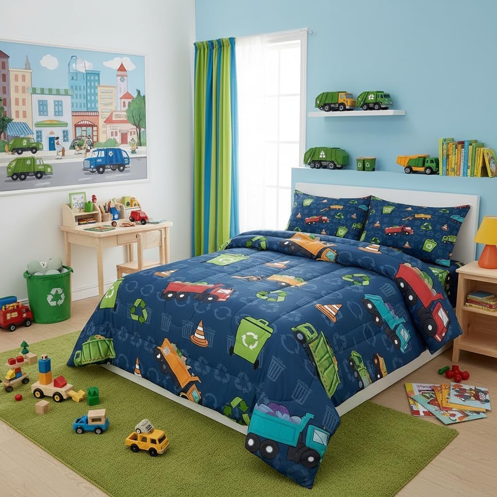 Erosebridal Kids Bedding Full Size Garbage Truck Comforter Set, Cartoon Car Vehicles Bedding Comforter Sets for Boys Girls Trash Waste Management Vehicle Duvet Set Refuse Classification Quilt 3Pcs