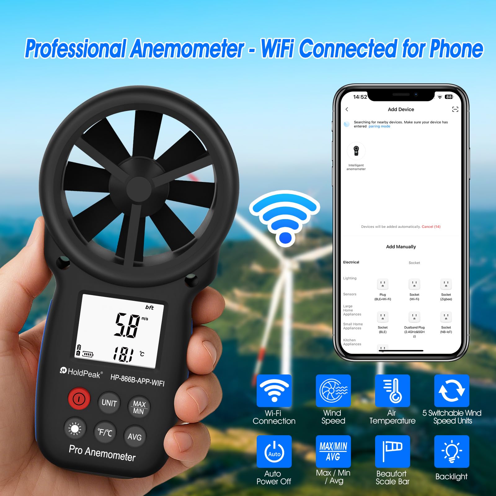 Holdpeak - Medidor de viento digital Bluetooth con aplicación para aire