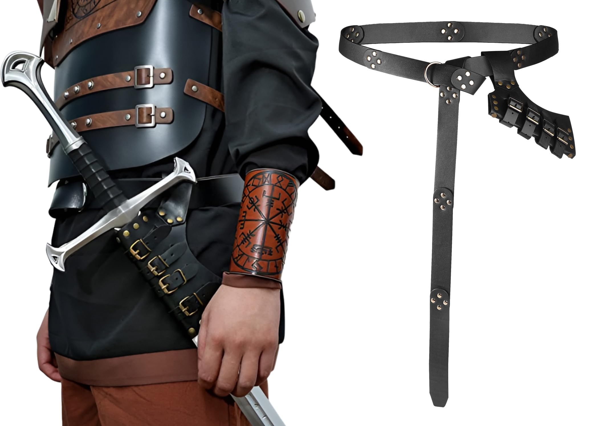 Medieval Leather Belt with Sword Holster Knight Belt Sword Frog Case Holster Adjustable Waist Buckle & Dagger Sheath Renaissance Knight Costume LARP Gear Halloween Warrior Pirate Cosplay Accessory - Image 2