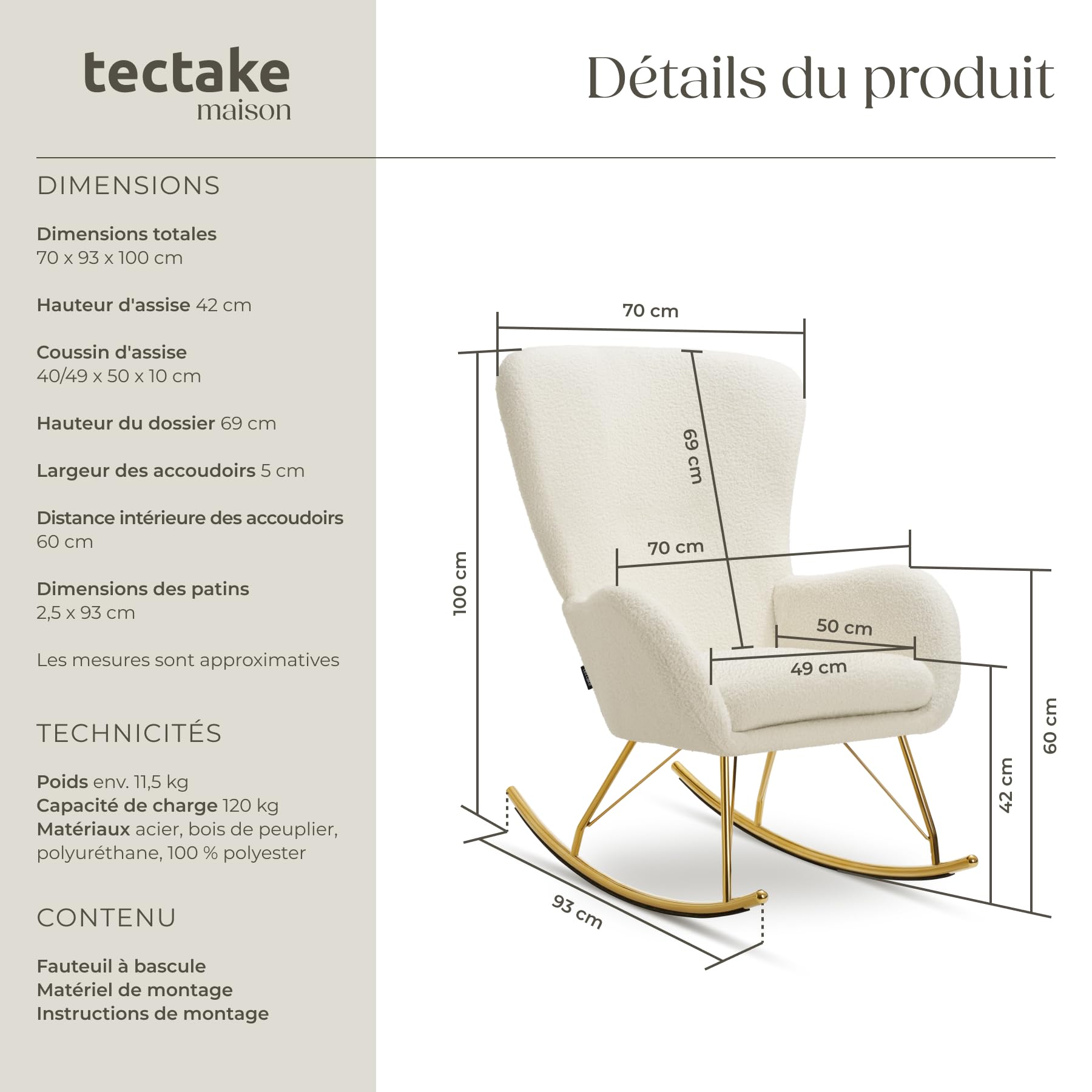 tectake® Rocking Chair Fauteuil à Bascule rembourée avec Accoudoirs Bouclette Cadre en Acier Fauteuil Salon Veranda, Chaise Ergonomique idéal Détente, Allaitement