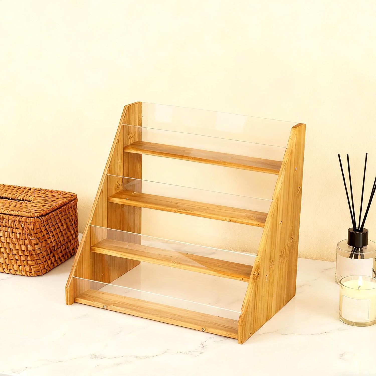 Wooden Acrylic Card Shelf, 34x23x31cm 4 Tier Trading Display Stand, Clear Multilayer Storage Rack, Displaying, Organizing, Storing, Home, Shop, Games