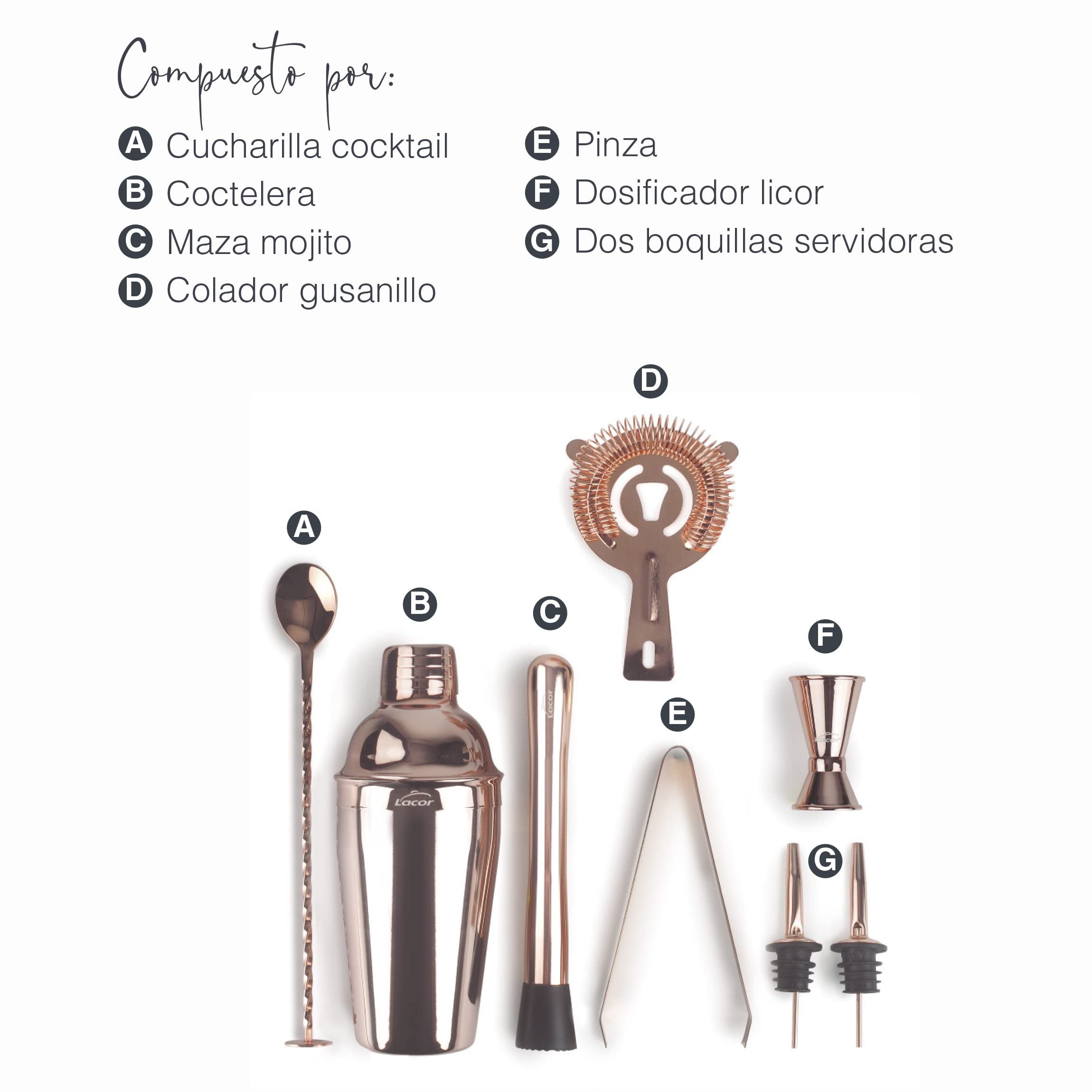 Lacor 62182 - Kit Coctelería, Coctelera, Utensilios Coctelería, Diseño | En acero inox 18/10, para un uso práctico y profesional en cocina; libre de BPA, aporta un acabado cuidado a tu presentación