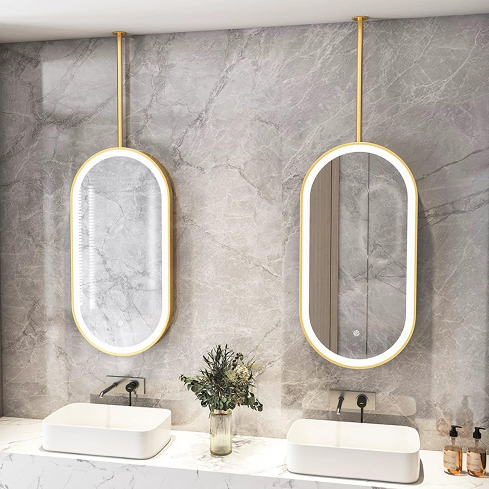 Owalne lustro wiszące na pojedynczym drążku, minimalistyczne, dekoracyjne lustra łazienkowe wiszące nad umywalką, inteligentne lustro z oświetleniem LED(50cmx70cm)