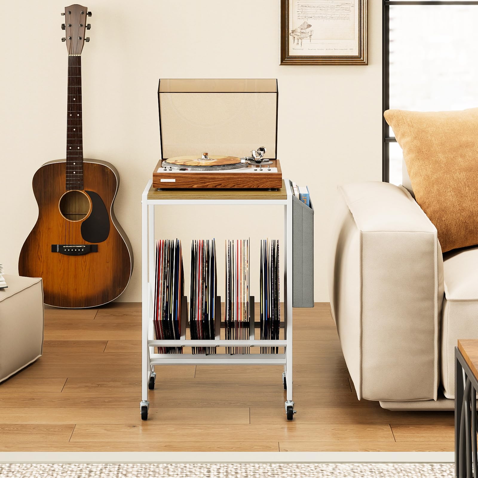 COSTWAY Plattenspieler Regal, Schallplattenregal mit Vinylaufbewahrung & Zeitschriftenhalter, Schallplattenständer mit feststellbaren Rollen, Beistelltisch für Wohnzimmer, Schalfzimmer (Weiß)