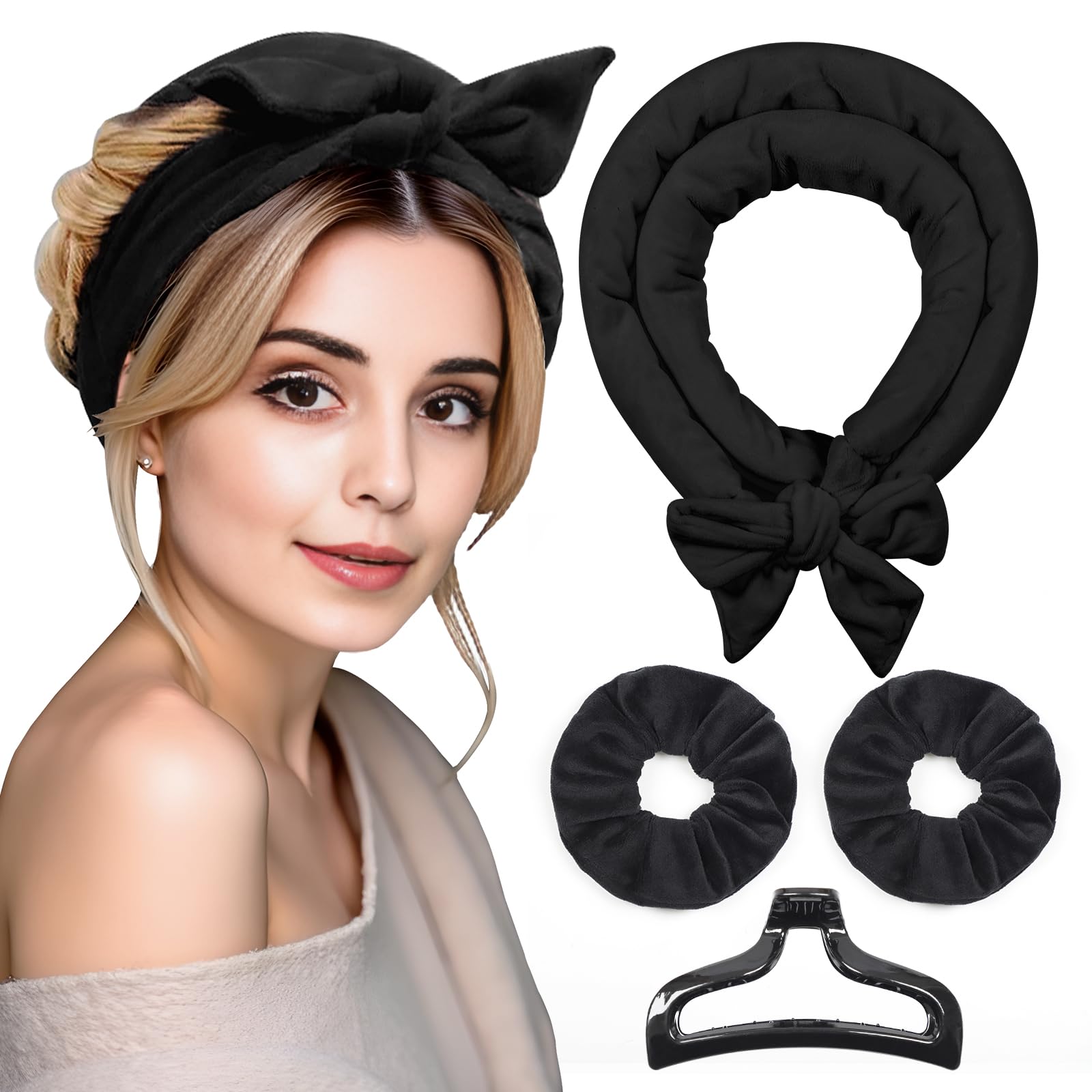 Eutonys Heatless Curls Hair Curlers to Sleep in – Velvet No-Heat Overnight Curling Rod Headband Set for Long Hair, with Scrunchies & Clip, Wake Up to Beach Waves (Black, Pack of 1)