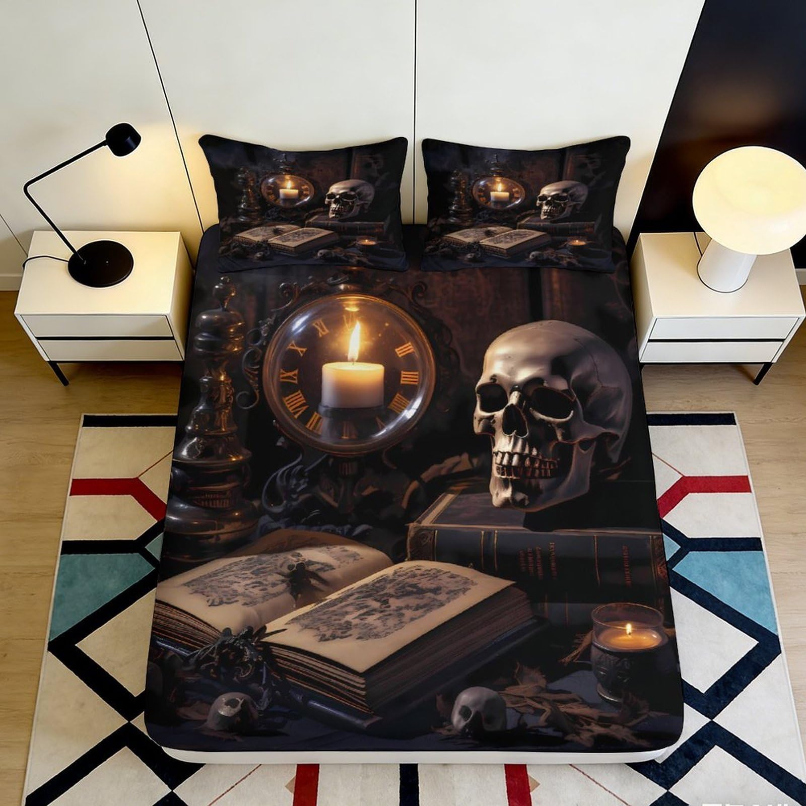 3D Printed Gothic Fitted Sheet Candle Skull Microfiber Soft Touch Bed Sheet, Wrinkle Resistant, Home Decor, Guest Room Bedding, Easy Care, Black 90x200x25cm