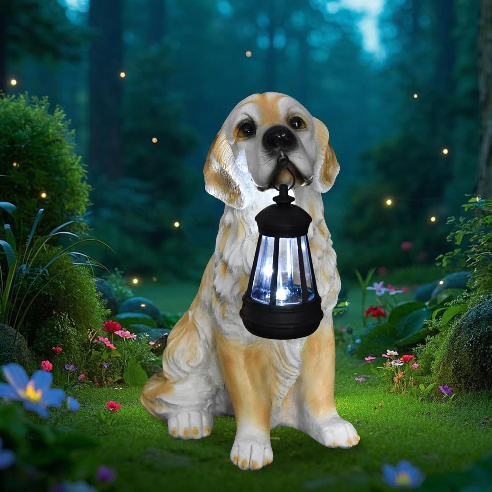 Estatuas de perro para decoración de jardín, estatua dorada de cachorro con luz solar para exteriores, decoración de cachorros de resina para patio