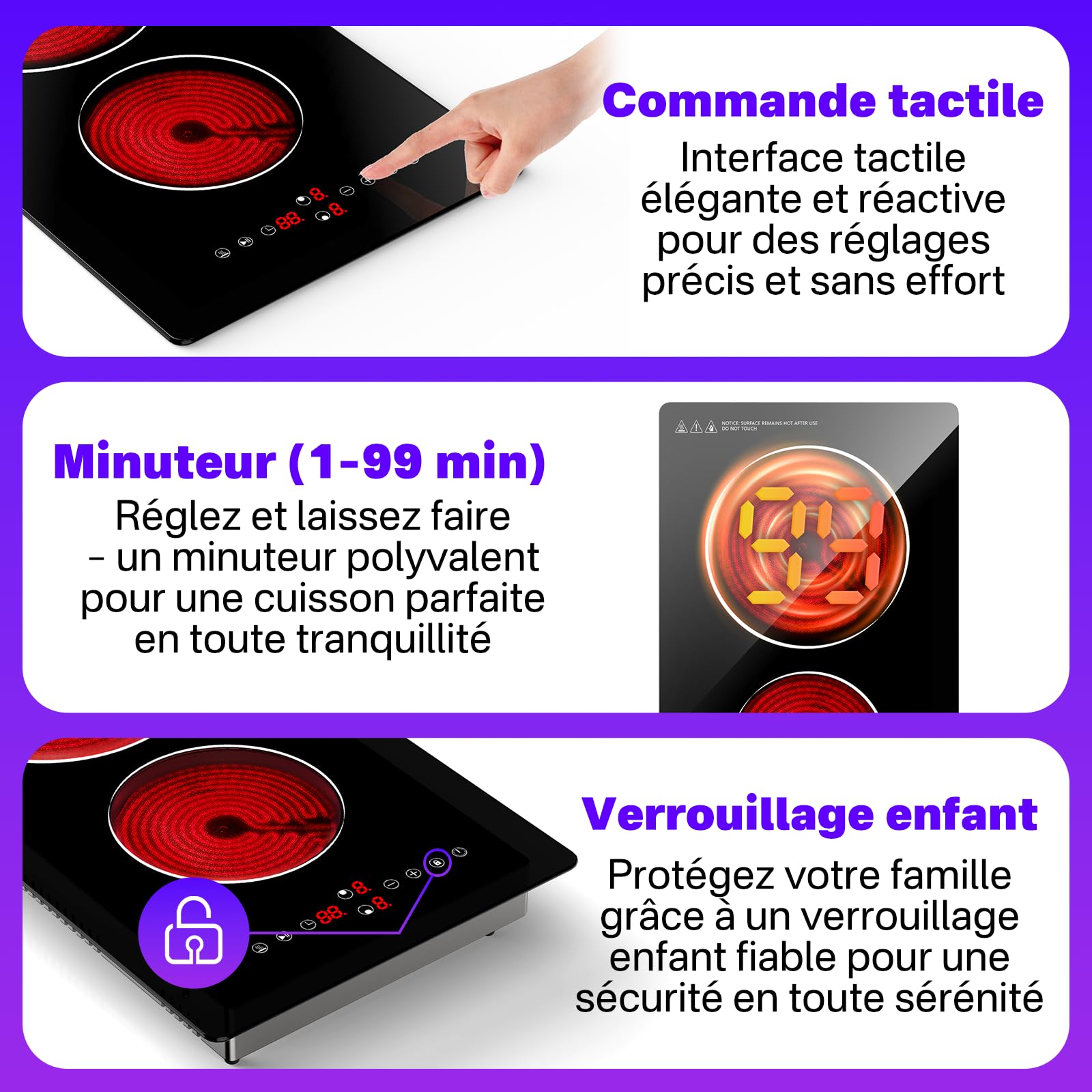 Plaque de Cuisson Électrique 2 Feux 3000W, Portable & Encastrable Plaque Vitrocéramique 2 Feux avec 9 Niveaux, Minuterie, Verrou Enfant, 220-240V
