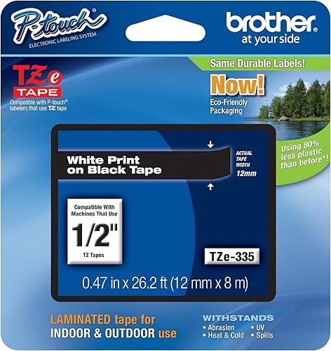 Brother International TZe335 P-Touch 12" (0.47") Cinta laminada estándar blanca sobre negra, 26.2 pies (26.2 ft)