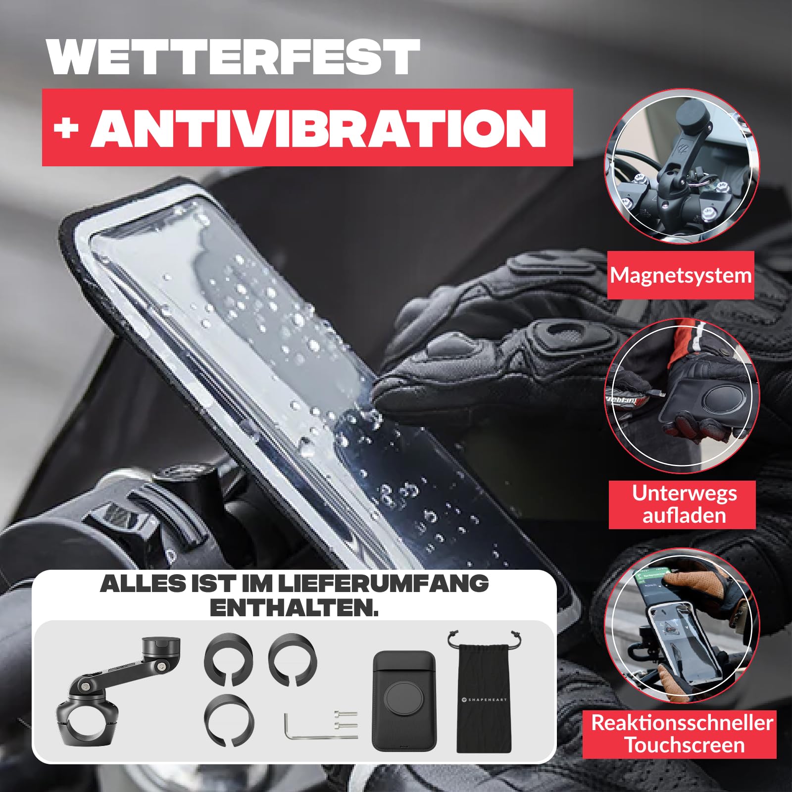 Shapeheart Motorrad-Handyhalterung PRO mit Abnehmbarer Hülle & Booster 360° | Für alle Handys | Schraubhalterung 22–32 mm | Weatherproof | 1-Hand-Bedienung | Dämpft Vibrationen | GPS, Roller, E-Scooter