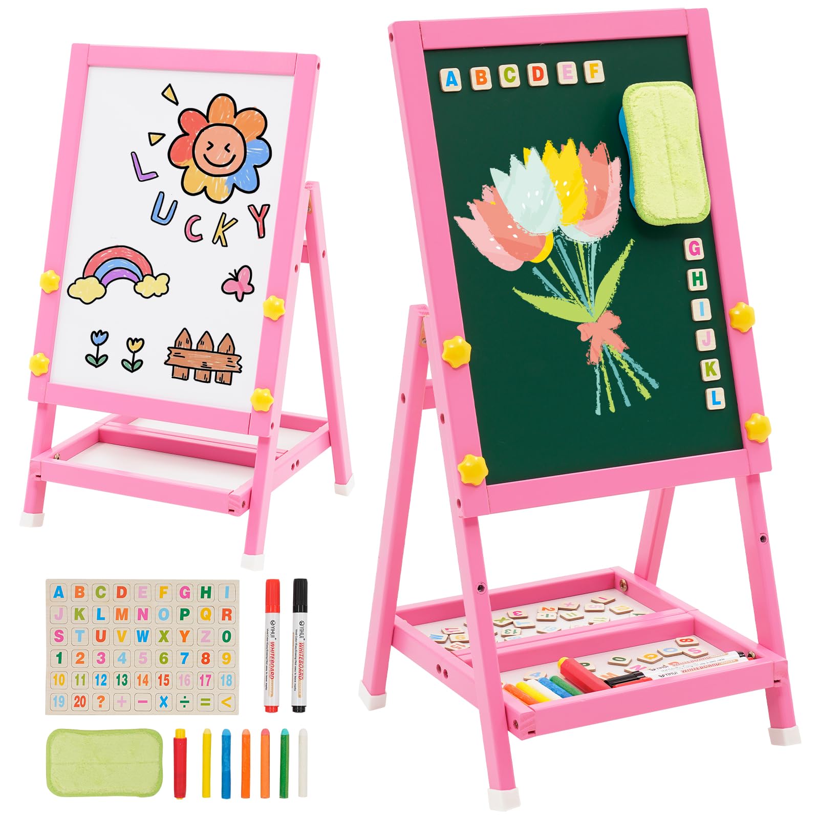 Caballete de Madera para Niños, Art Easel Pizarra Blanca de Doble Cara y Pizarra de Tiza Mini Rosa Caballete Infantil con Números y Otros Accesorios para Niños y Pequeños