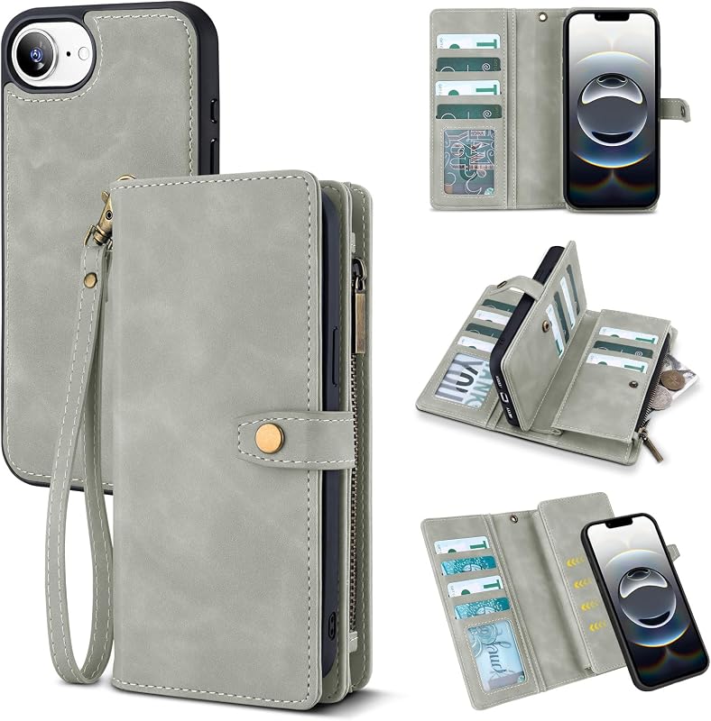 TwoHead Wallet Case for iPhone 16e / 17e,with 11 Card Holders,Gray | Magnetic Case for iPhone 16e / 17e,Detachable Zipper Wallet,with Wrist Strap,PU Leather,All-Round Protective Flip Cover