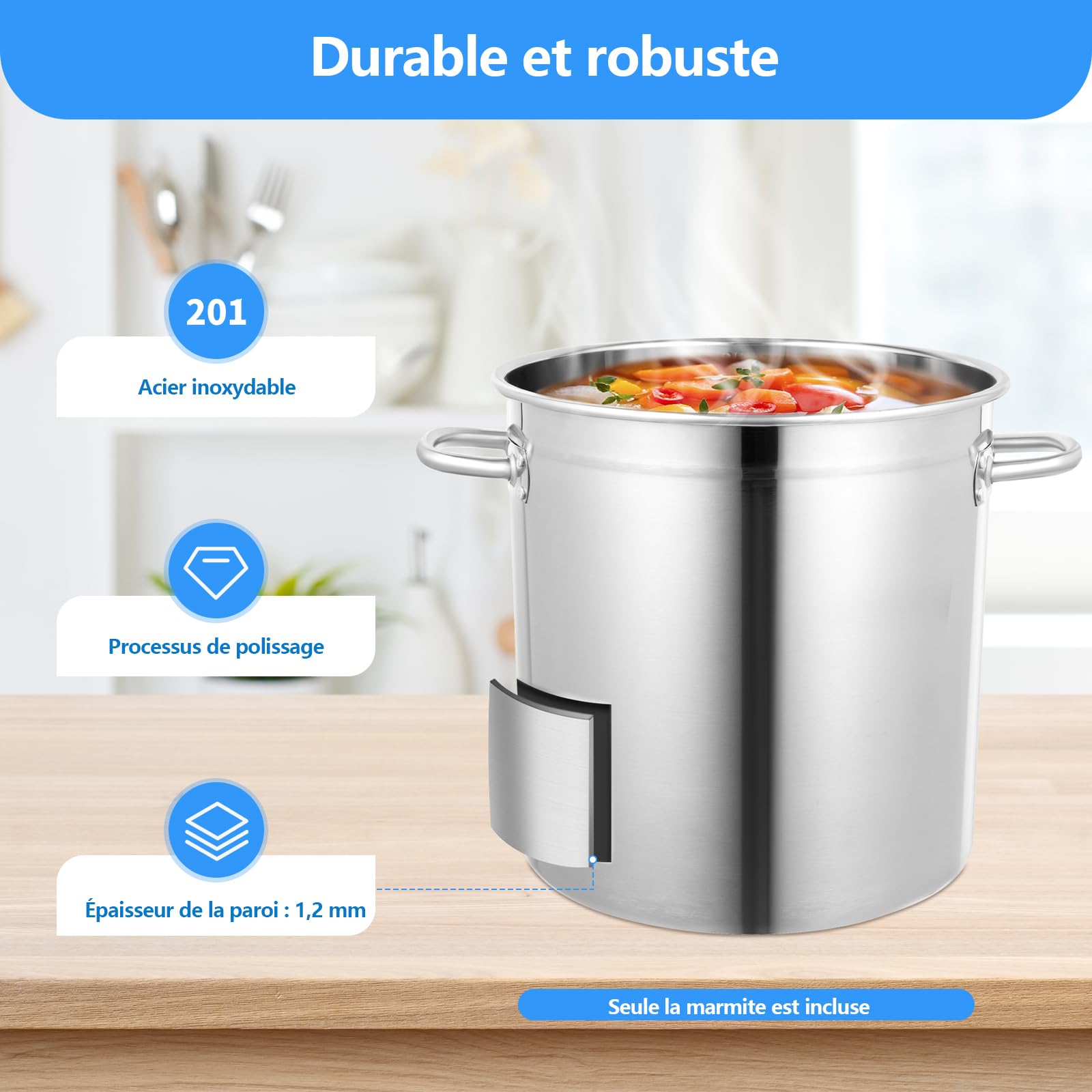 Marmite en acier inoxydable de 35 l - Faitout 35 l - Grande casserole avec fond épais - Fond plat - Couvercle rainuré antidérapant - 35 cm x 36 cm - Grande casserole - Polissage fin